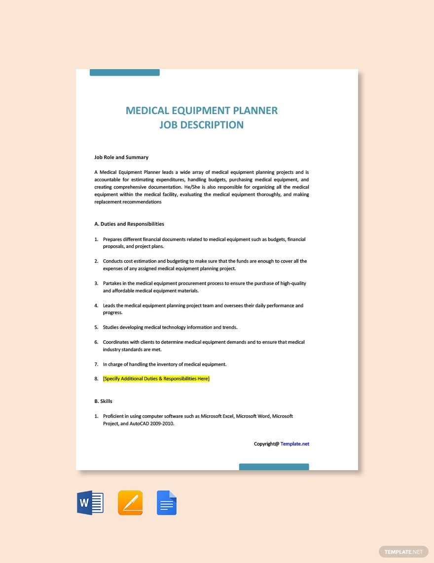 Medical Equipment Planner Job Ad/Description Template