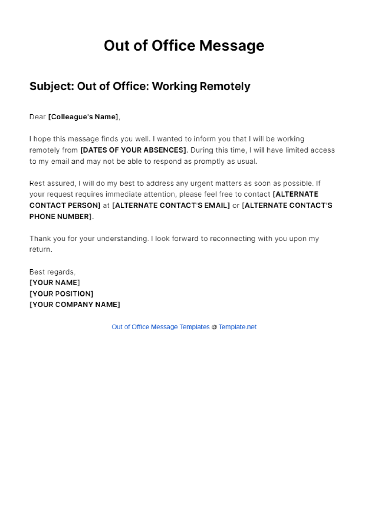 Free Work From Home Out Of Office Message Template - Edit Online ...