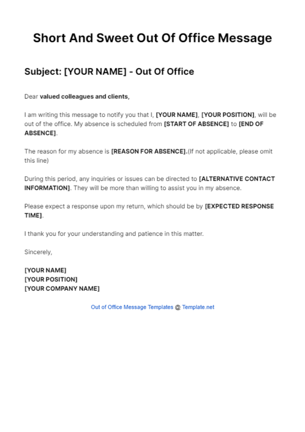 Short And Sweet Out Of Office Message Template