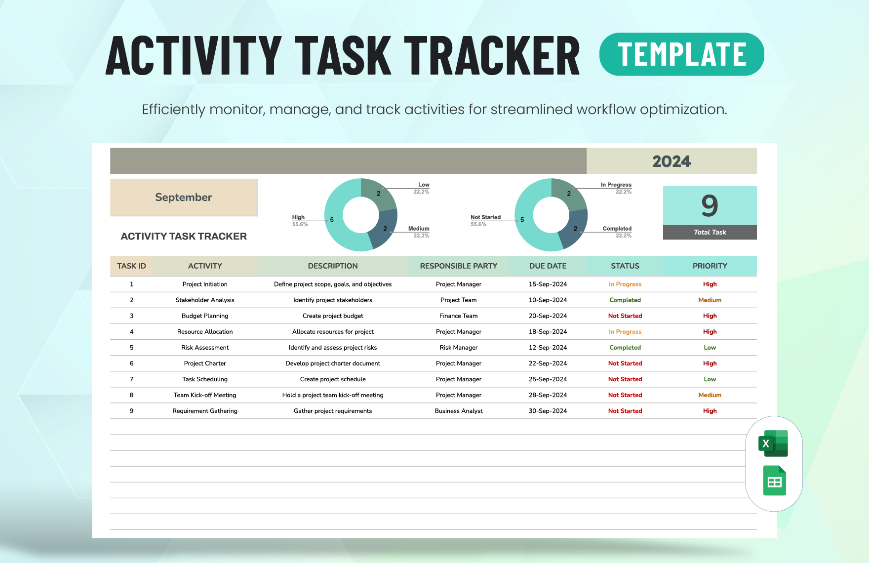 Activity Task Tracker Template in Excel, Google Sheets