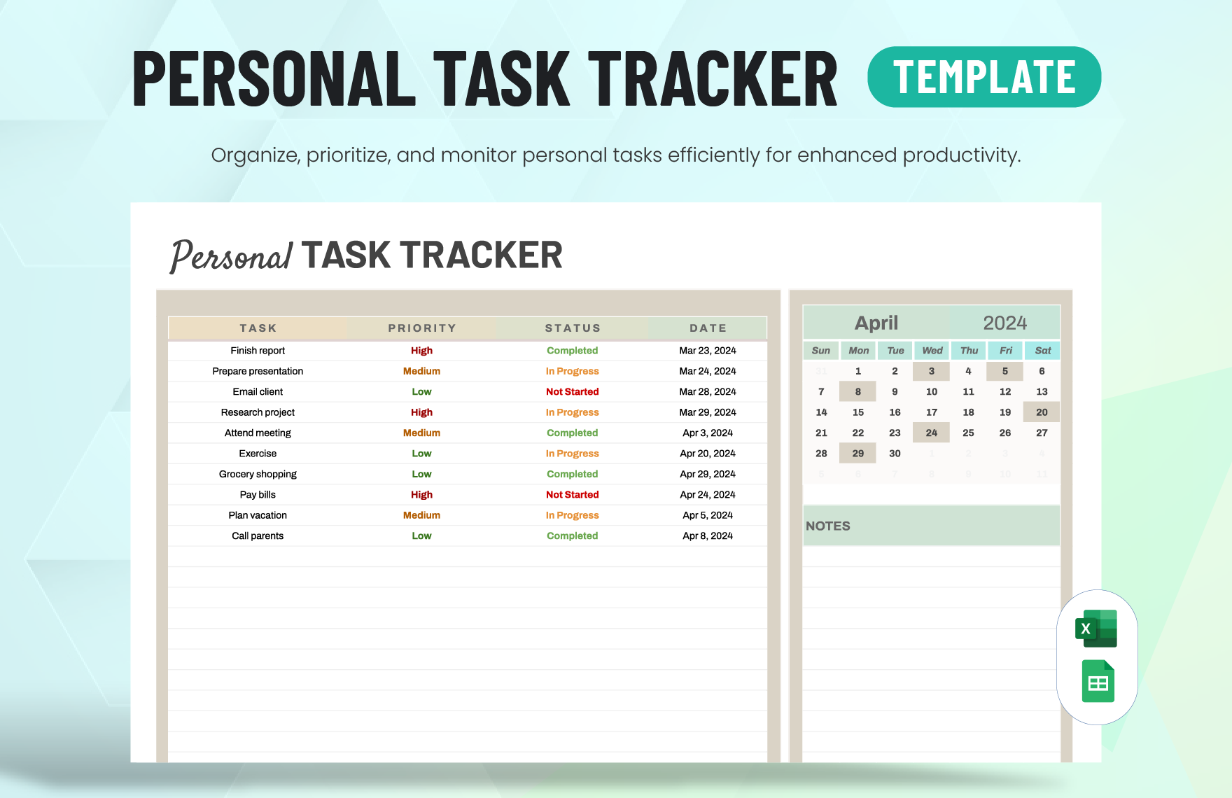 Personal Task Tracker Template in Excel, Google Sheets