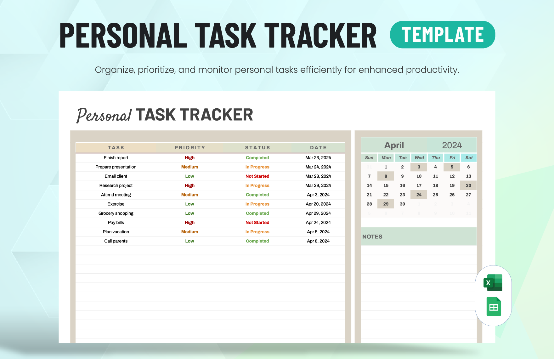 Personal Task Tracker Template in Excel, Google Sheets - Download | Template.net