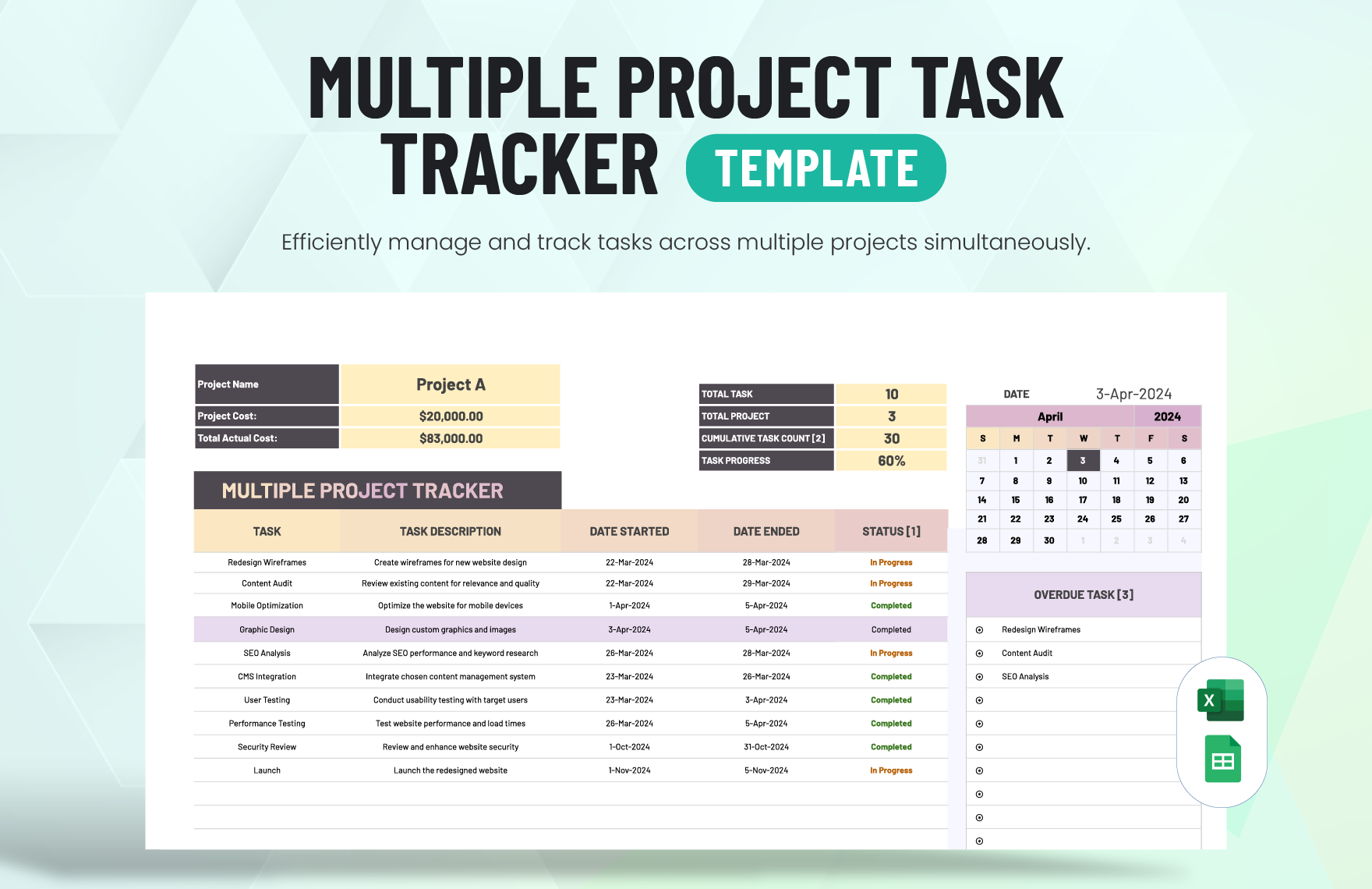 Multiple Project Task Tracker Template in Excel, Google Sheets