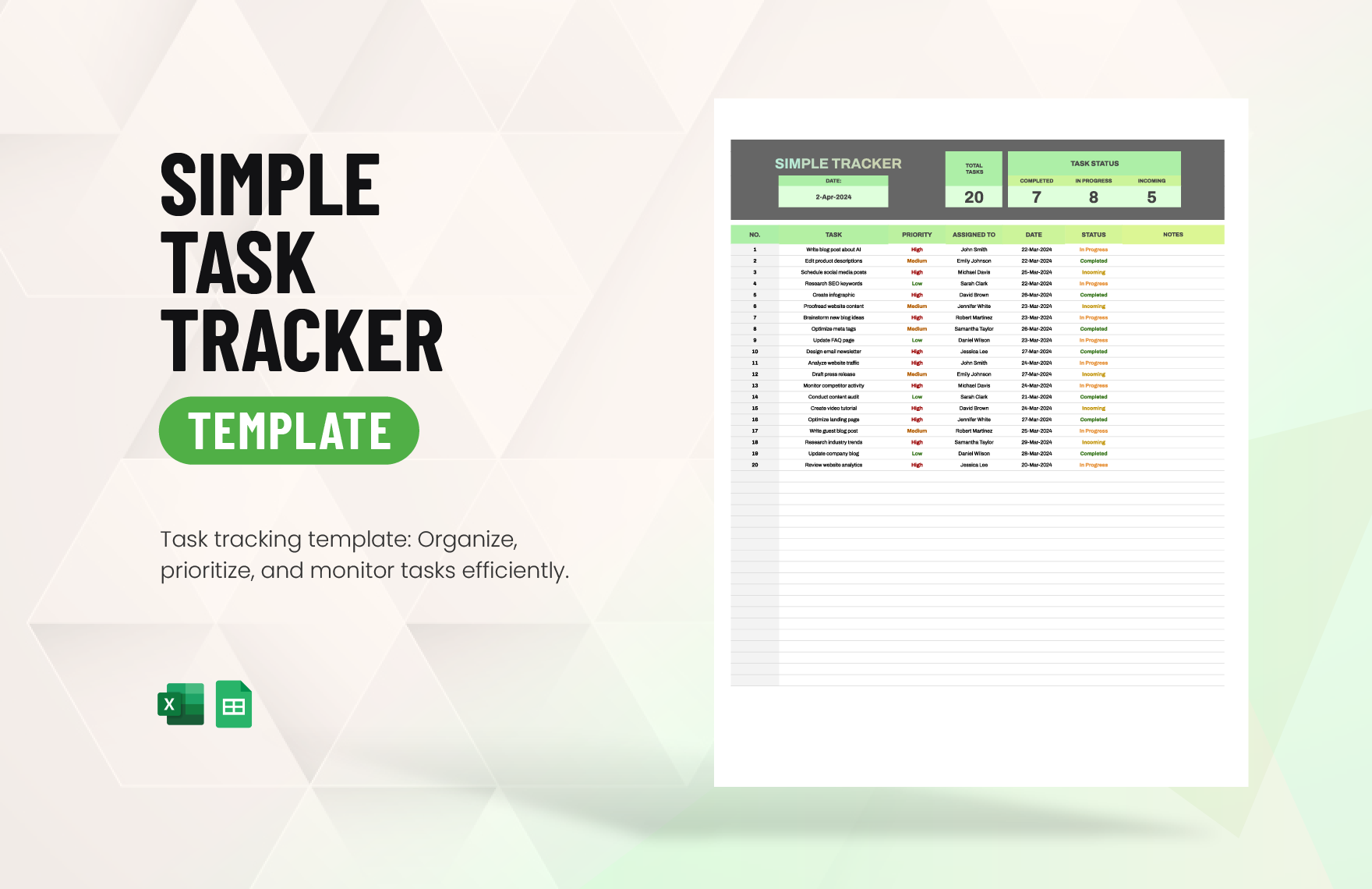 Simple Task Tracker Template in Excel, Google Sheets