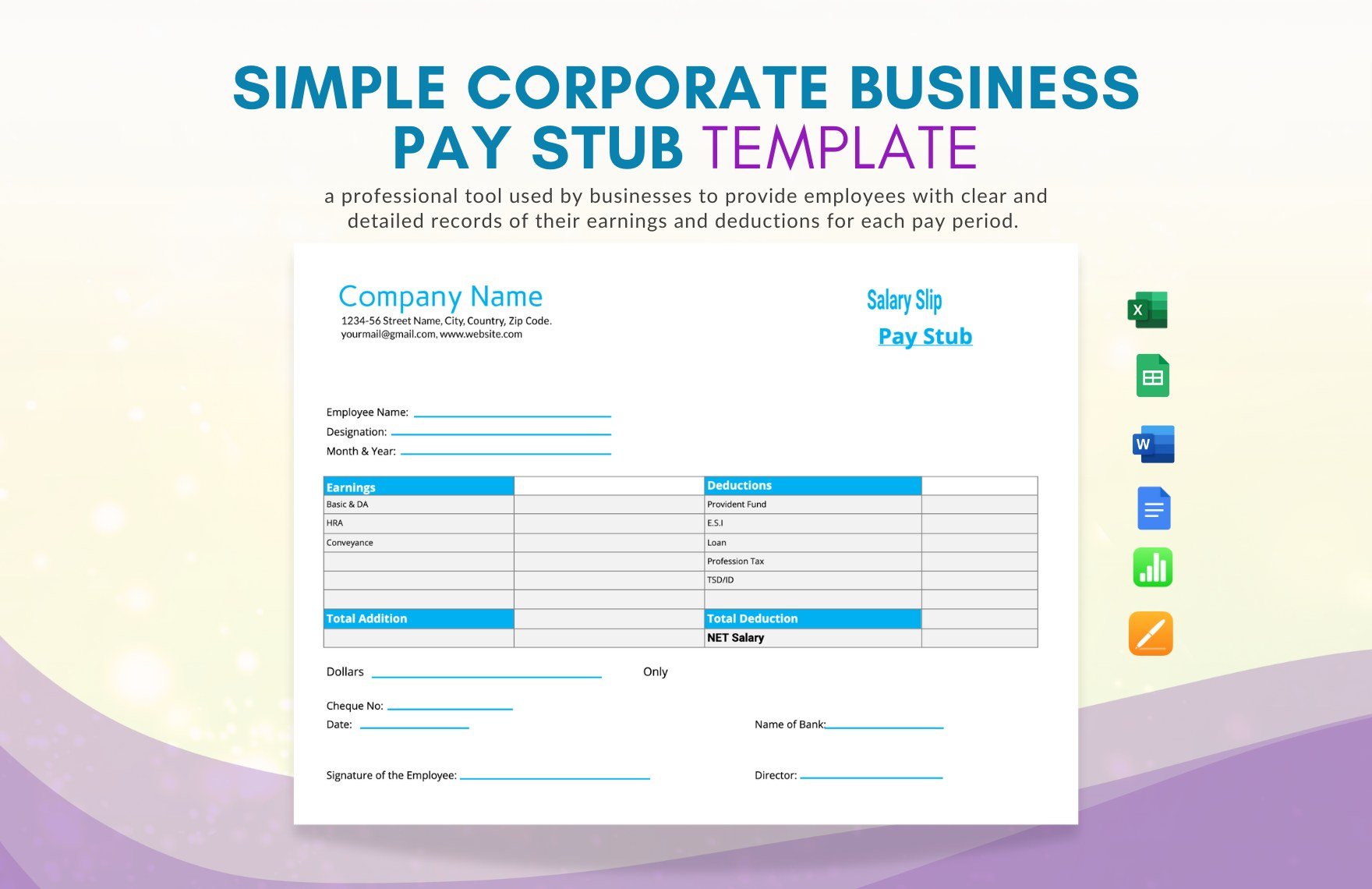 Simple Corporate Business Pay Stub Template in Word, Google Docs, PDF, Google Sheets