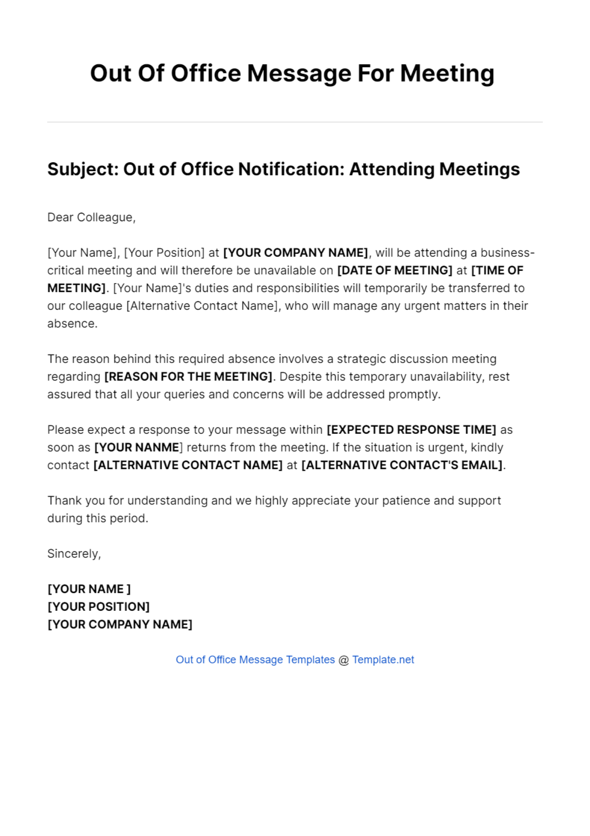 Out Of Office Message For Meeting Template