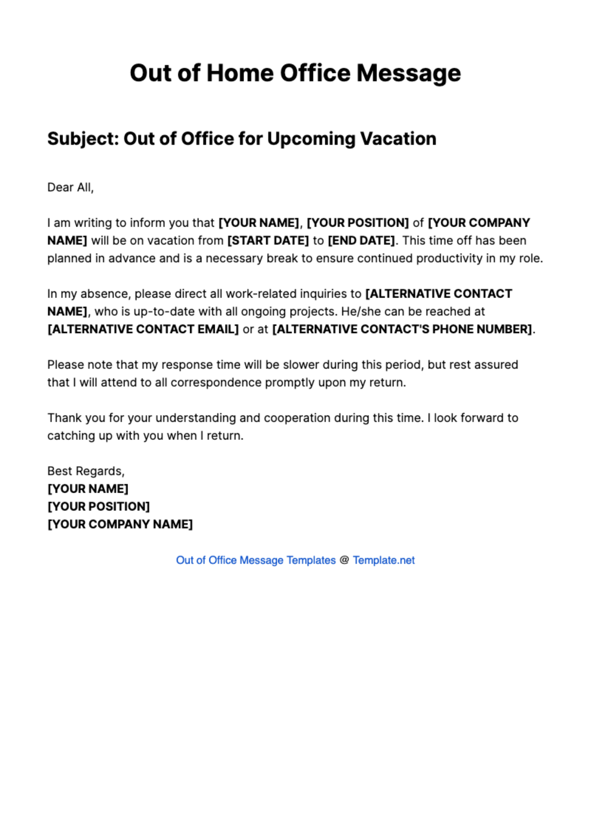 Out Of Home Office Message Template