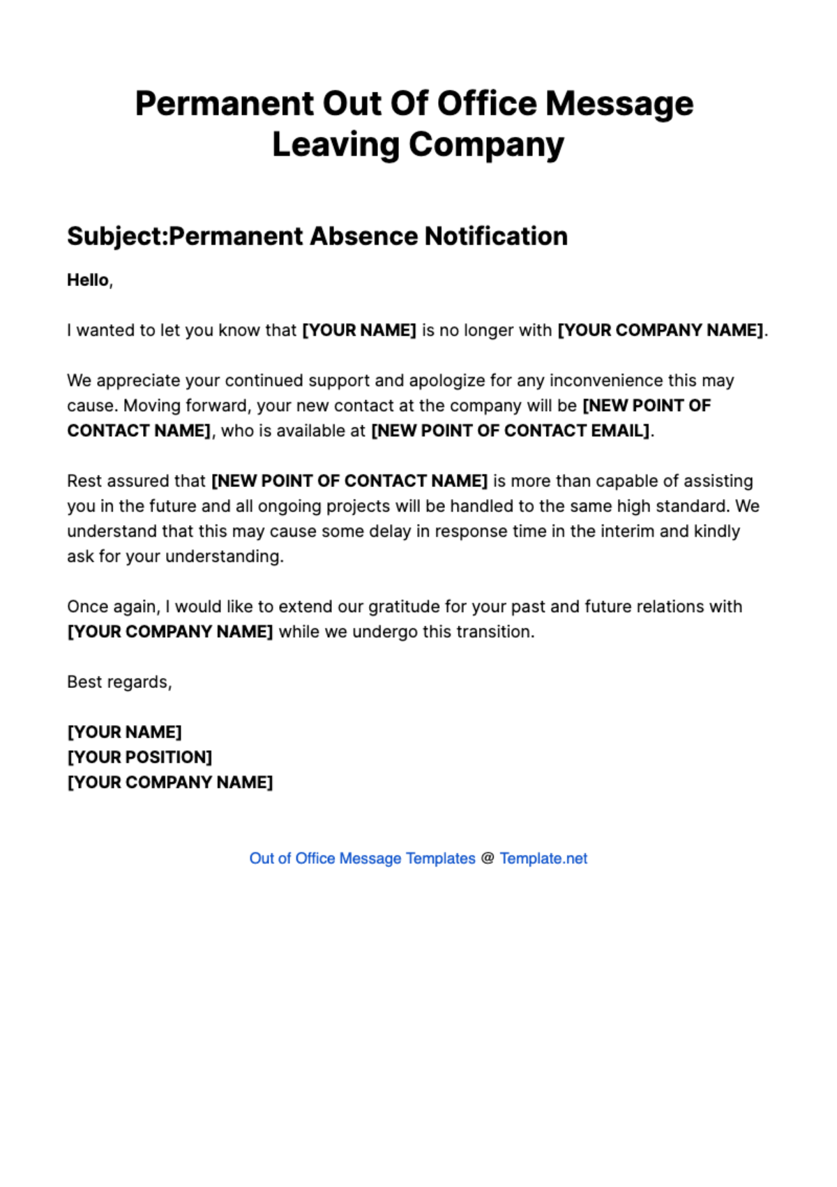 Permanent Out Of Office Message Leaving Company Template