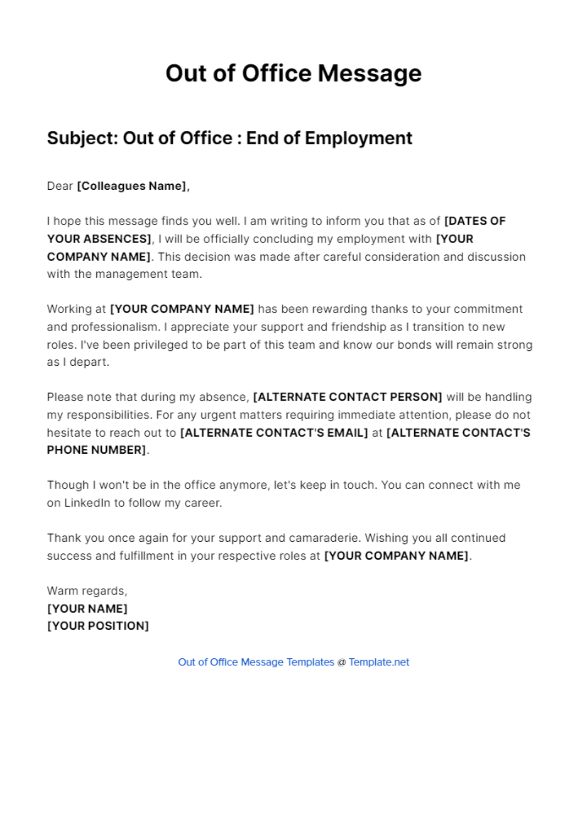 Out Of Office Message End Of Employment Template