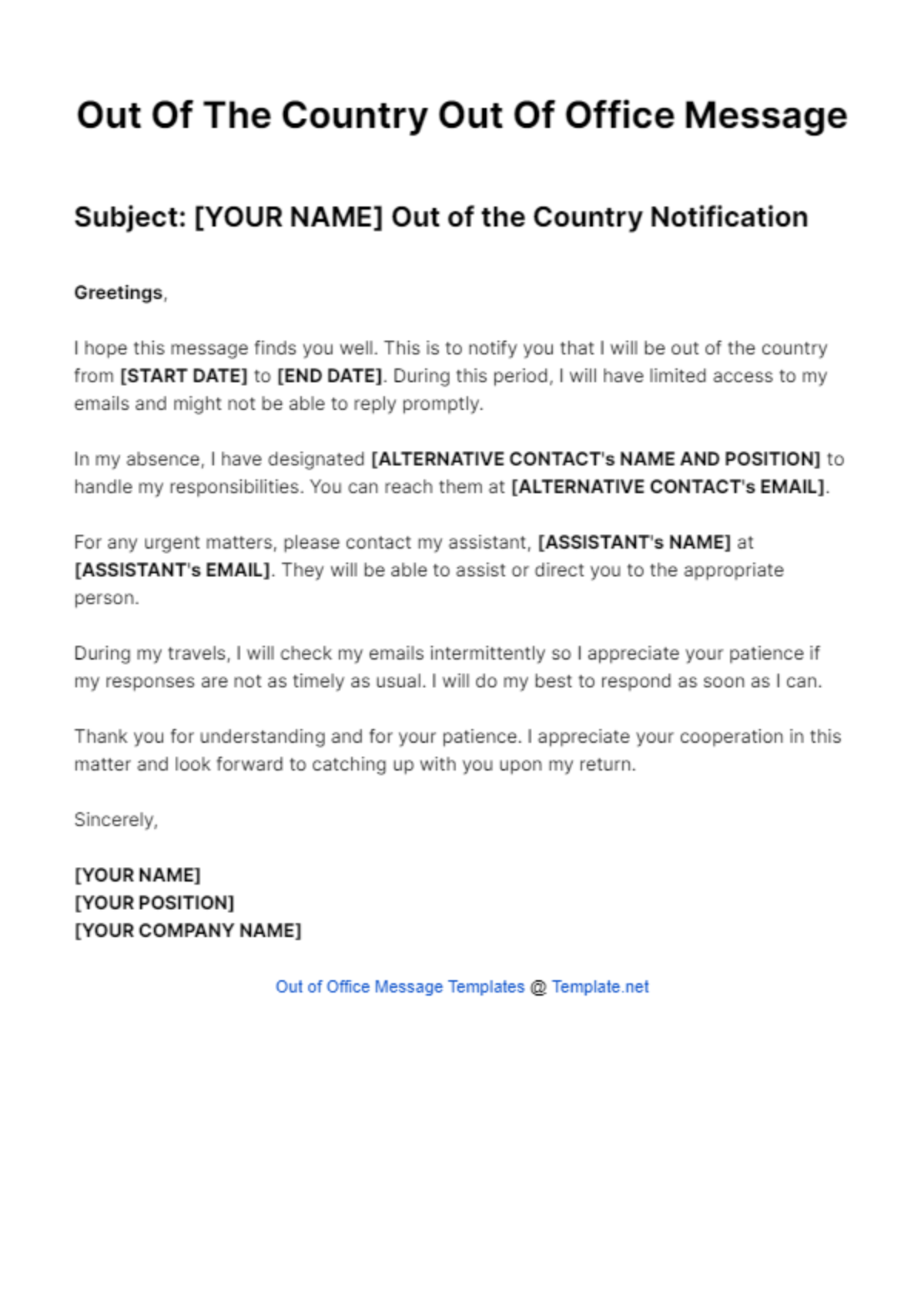 Out Of The Country Out Of Office Message Template
