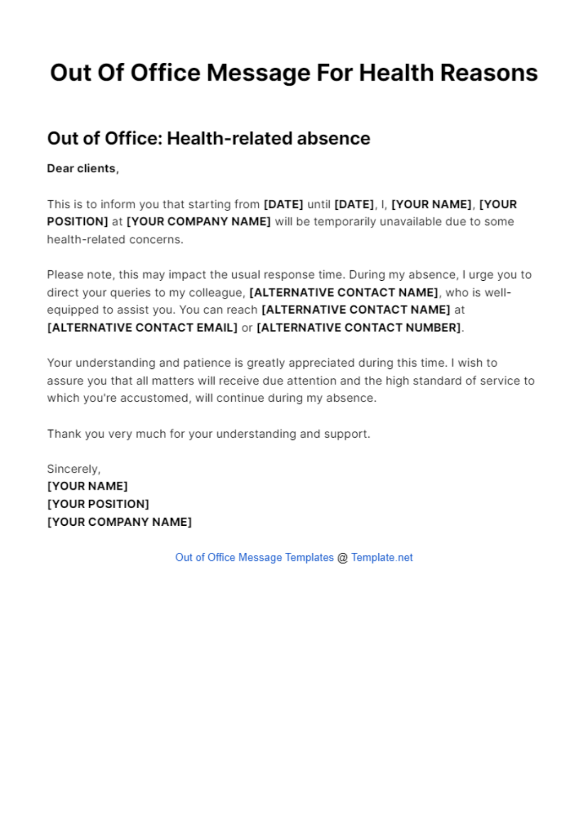Out Of Office Message For Health Reasons Template