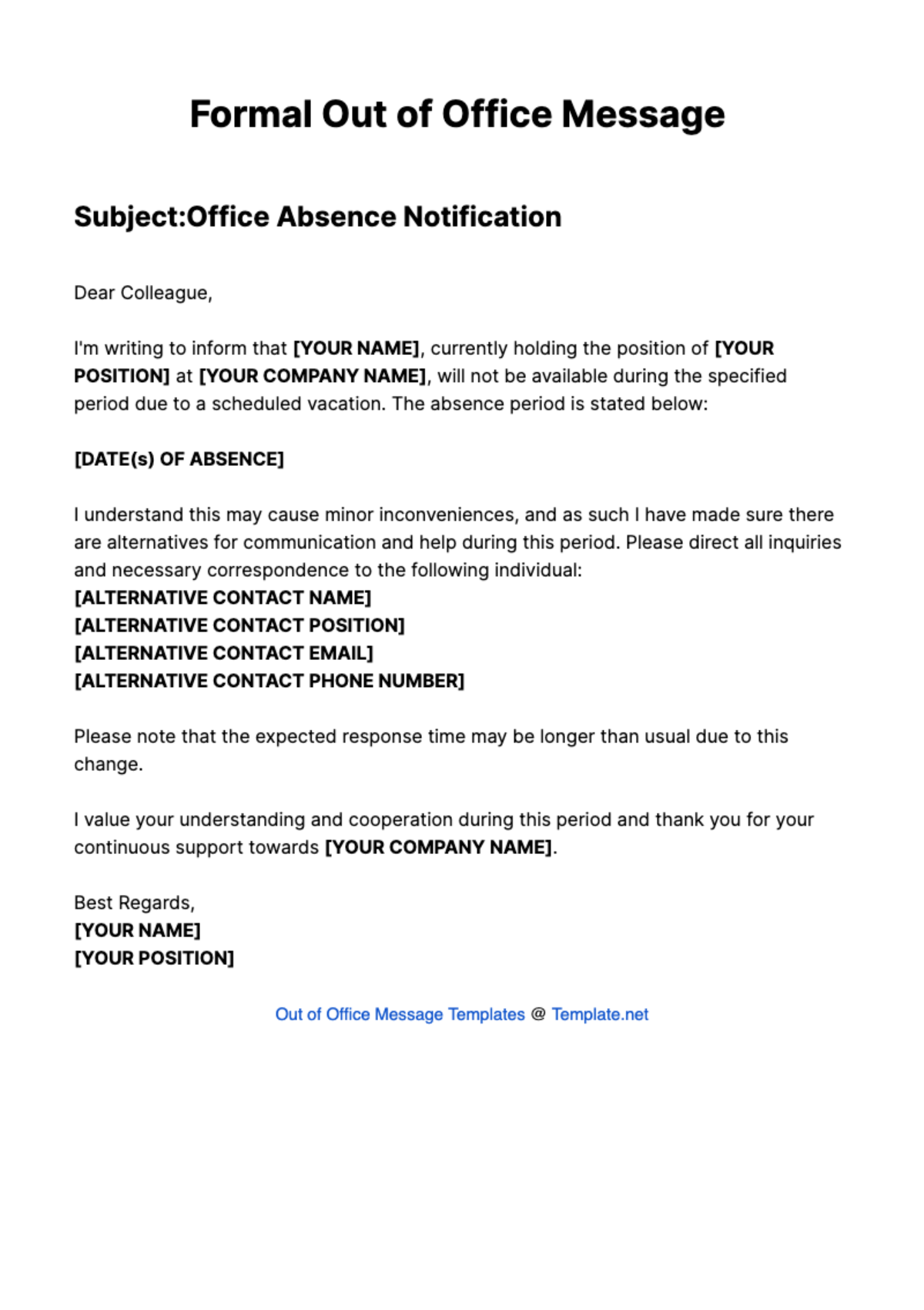 Formal Out of Office Message Template