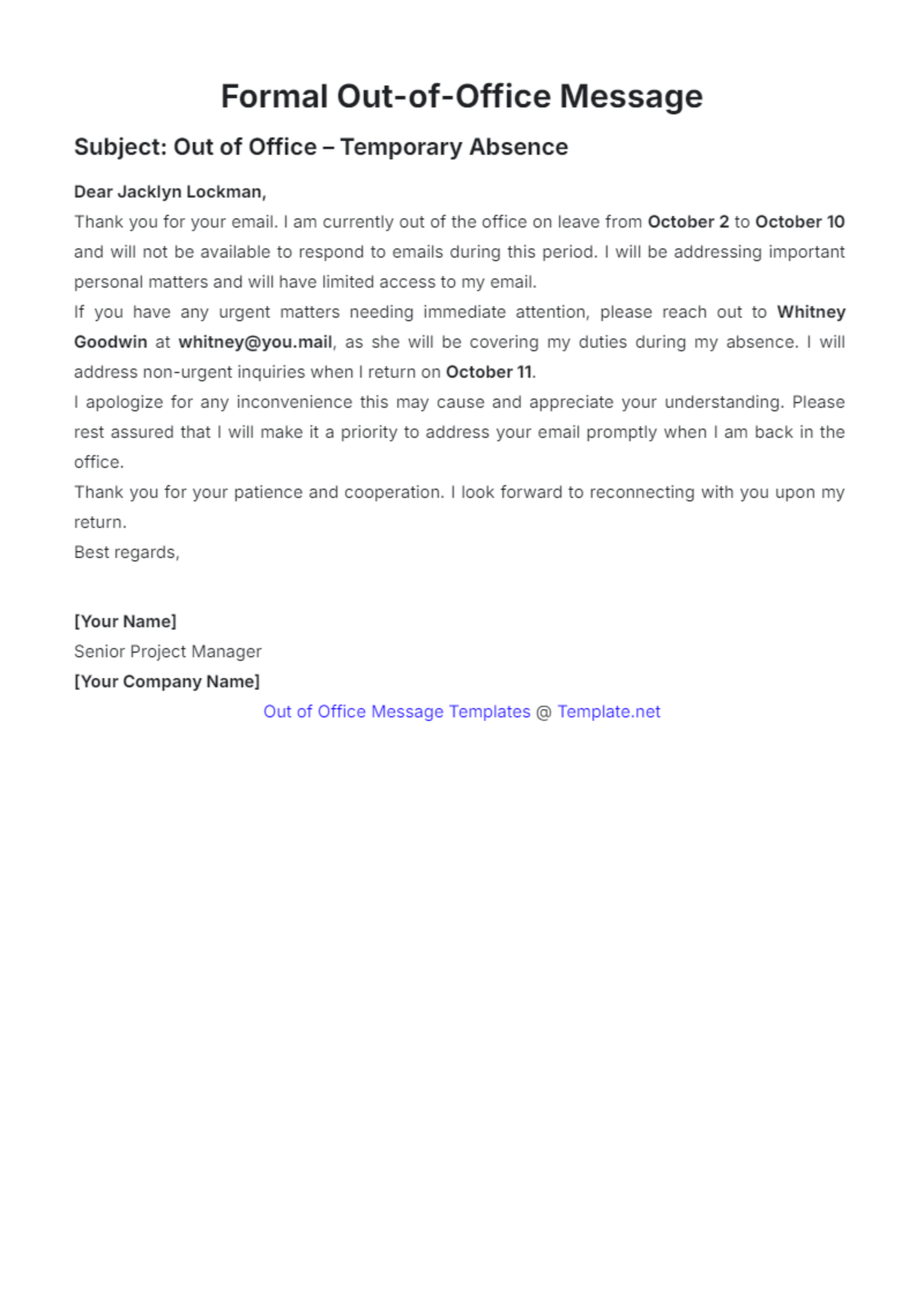 Formal Out of Office Message Template