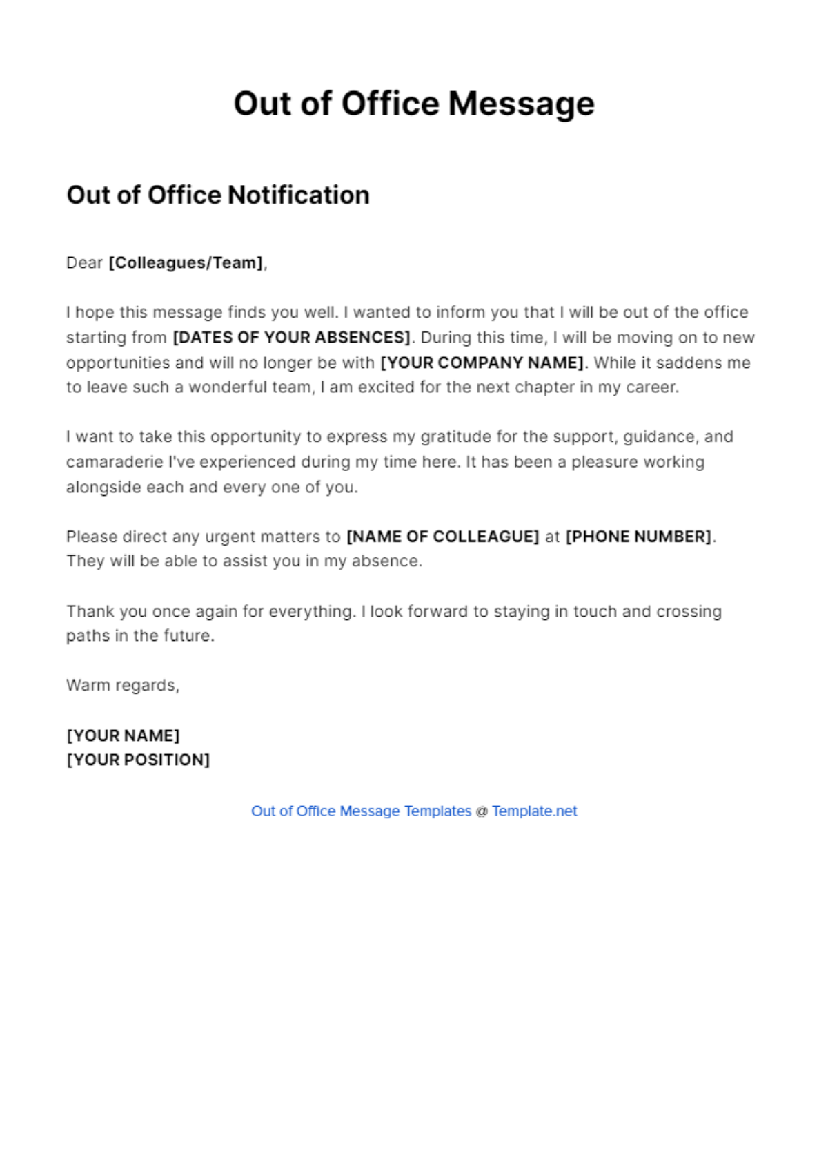 Out Of Office Message To Manager Template