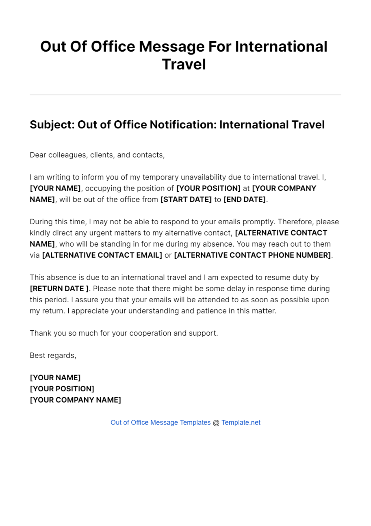Out Of Office Message For International Travel Template