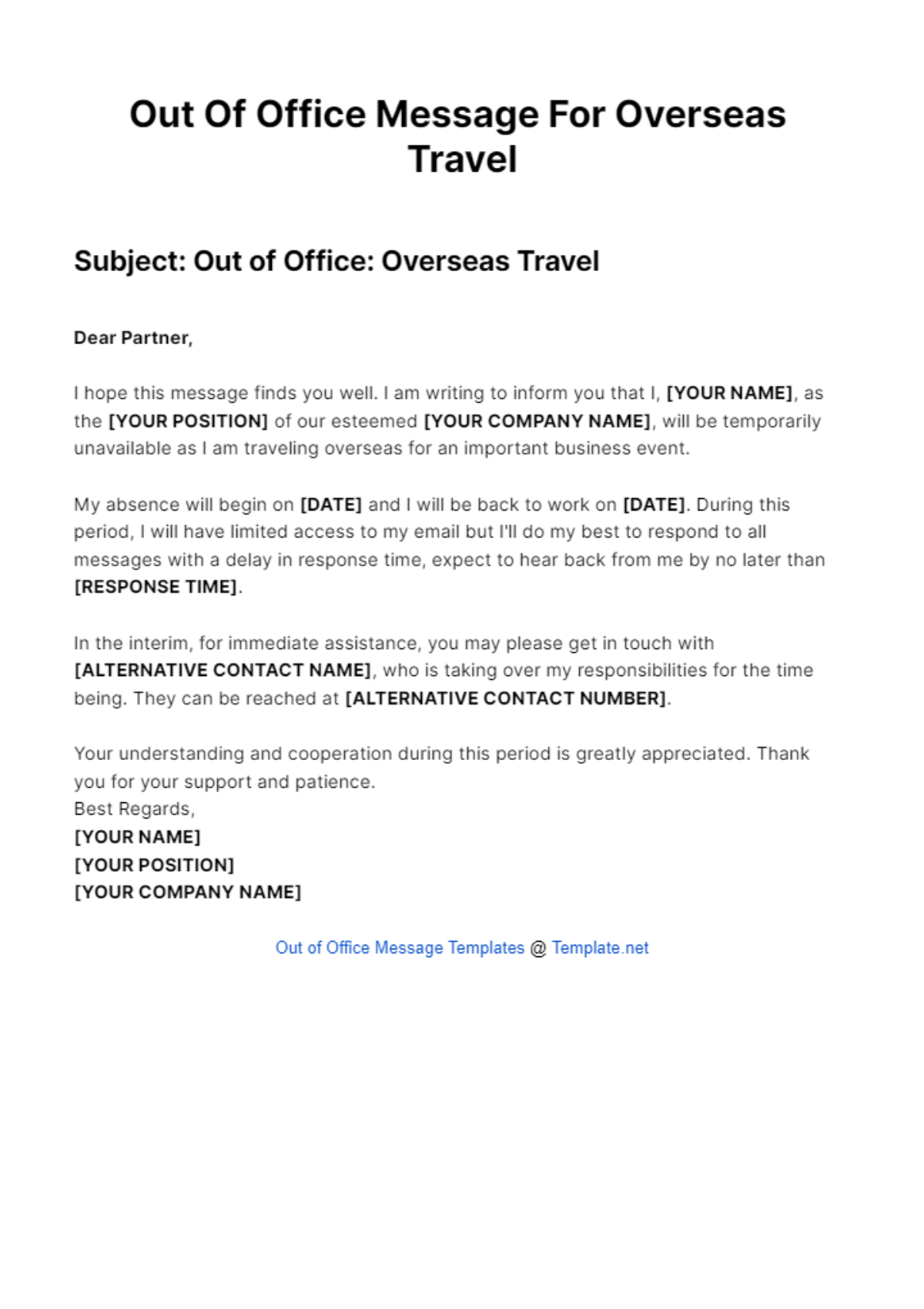 Out Of Office Message For Overseas Travel Template
