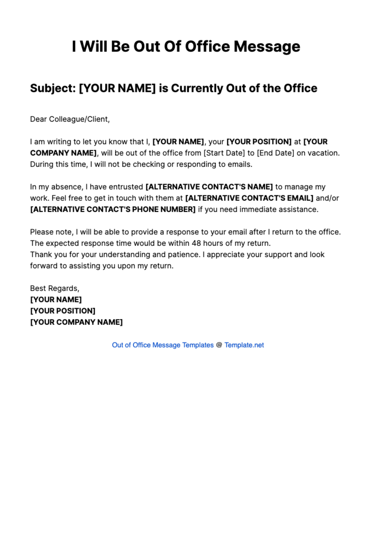 I Will Be Out Of Office Message Template