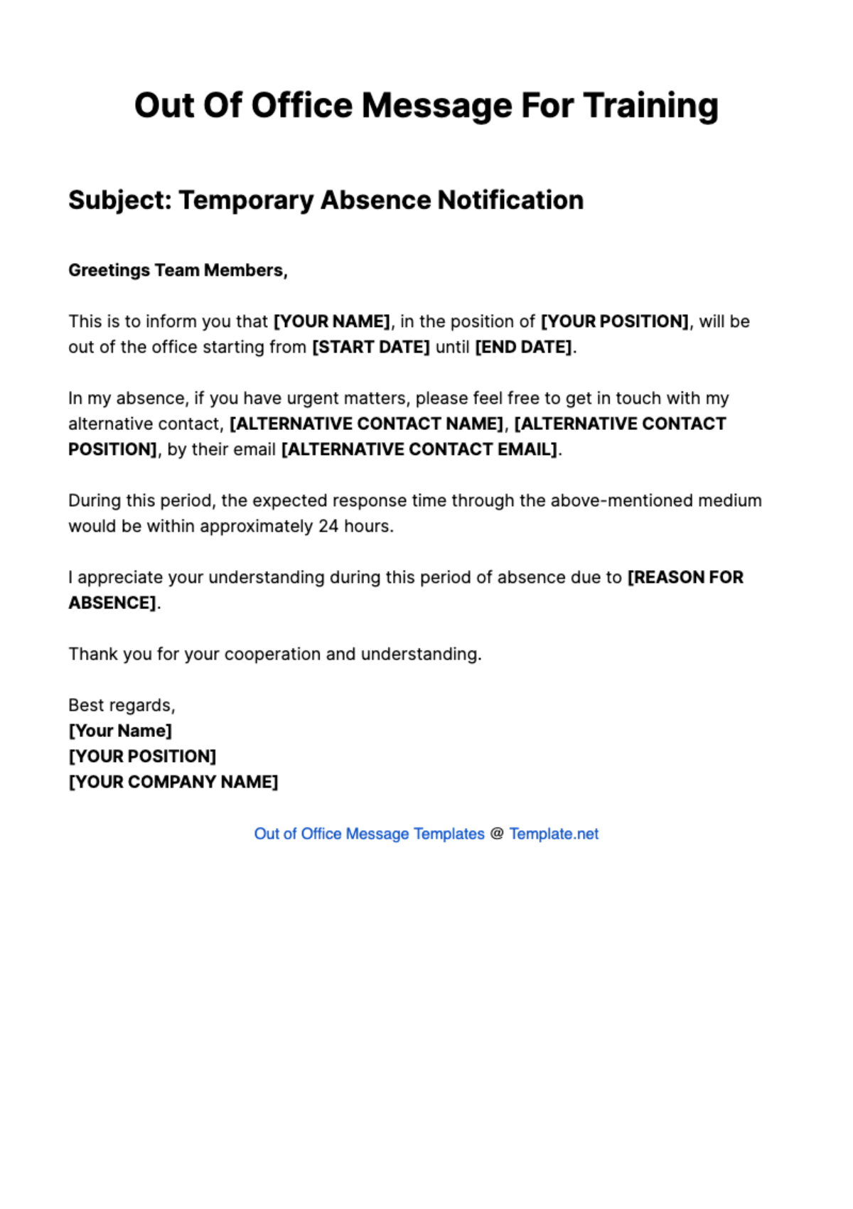 Out Of Office Message For Training Template