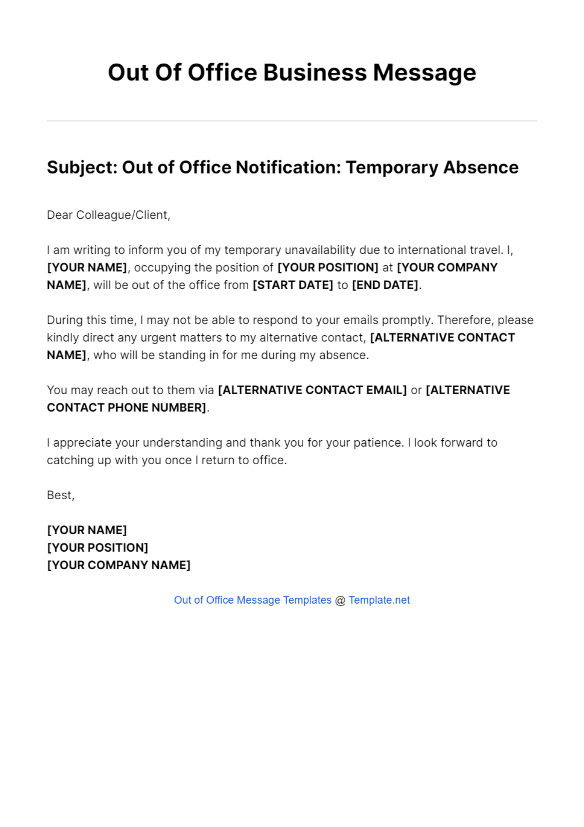 Out Of Office Business Message Template