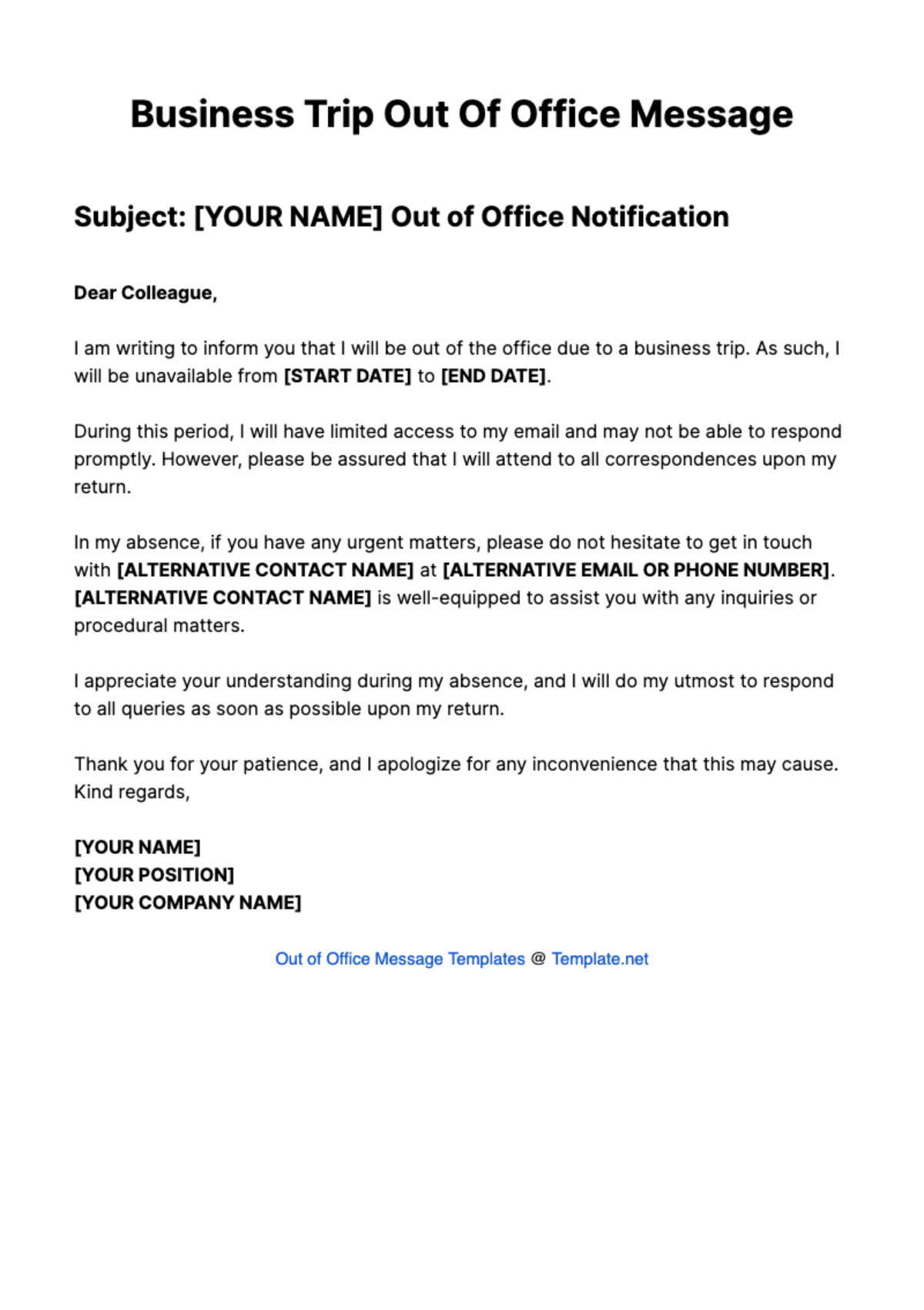 Business Trip Out Of Office Message Template
