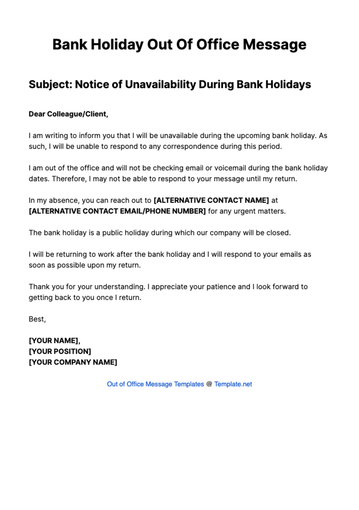 Bank Holiday Out Of Office Message Template