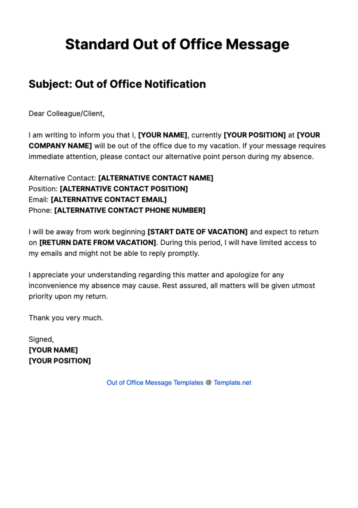 Standard Out Of Office Message Template