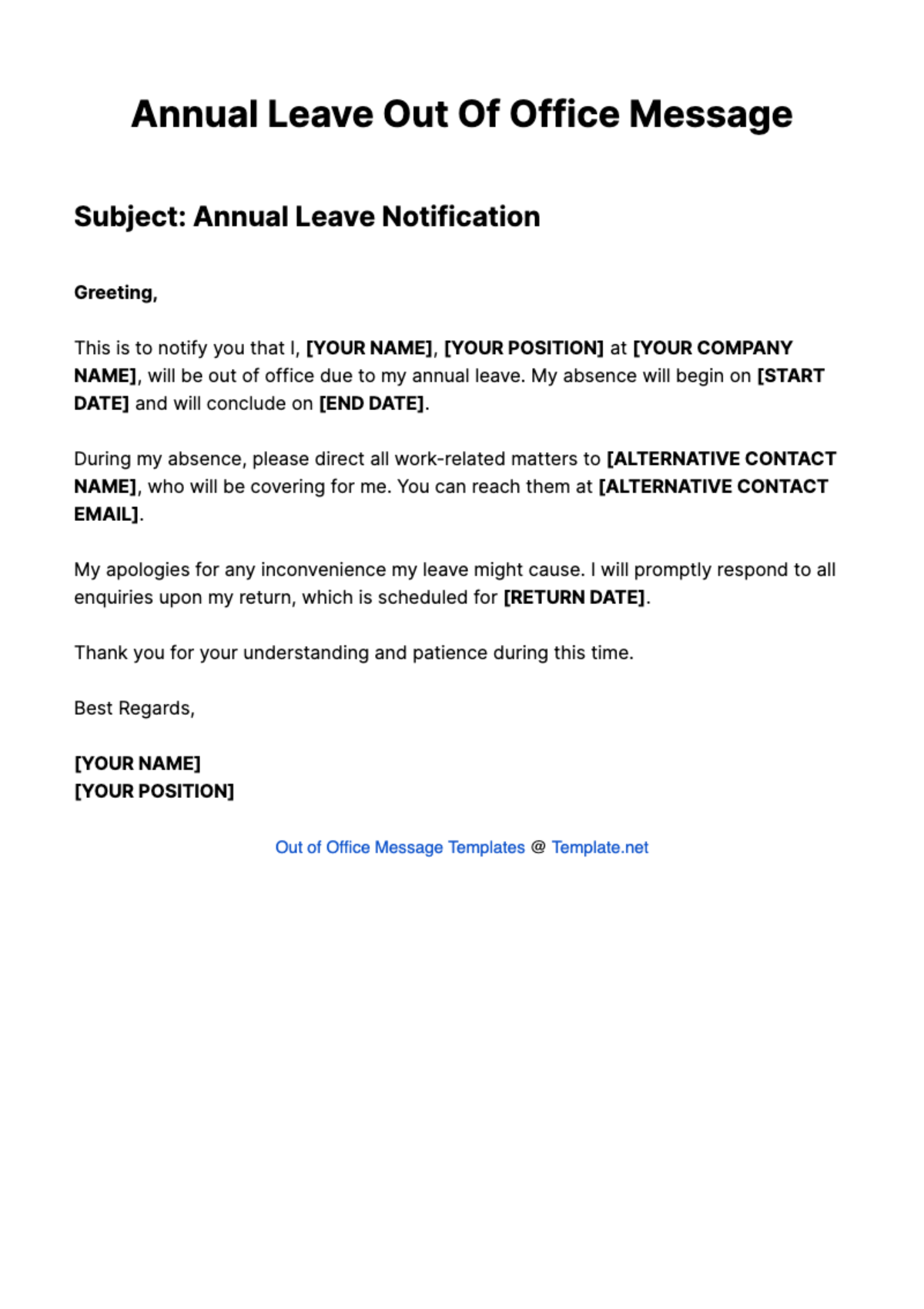 Annual Leave Out Of Office Message Template - Edit Online & Download ...