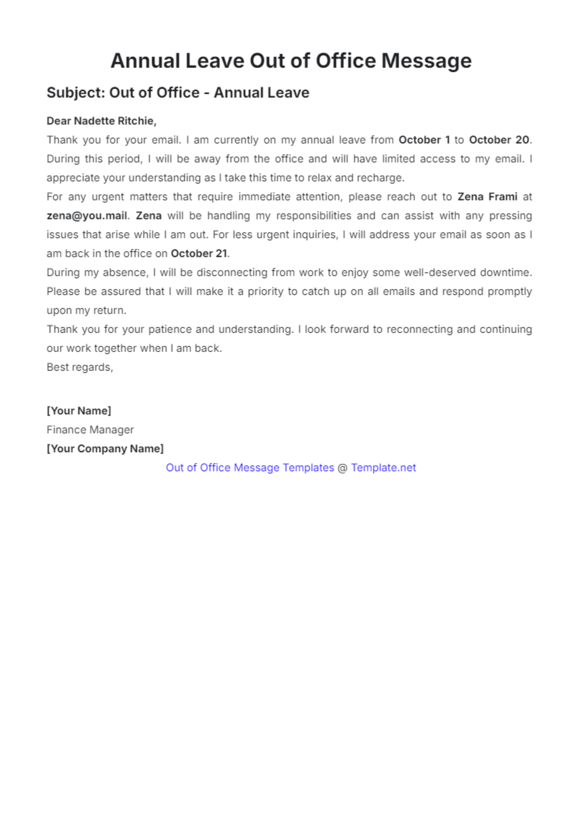 Annual Leave Out of Office Message Template - Edit Online & Download