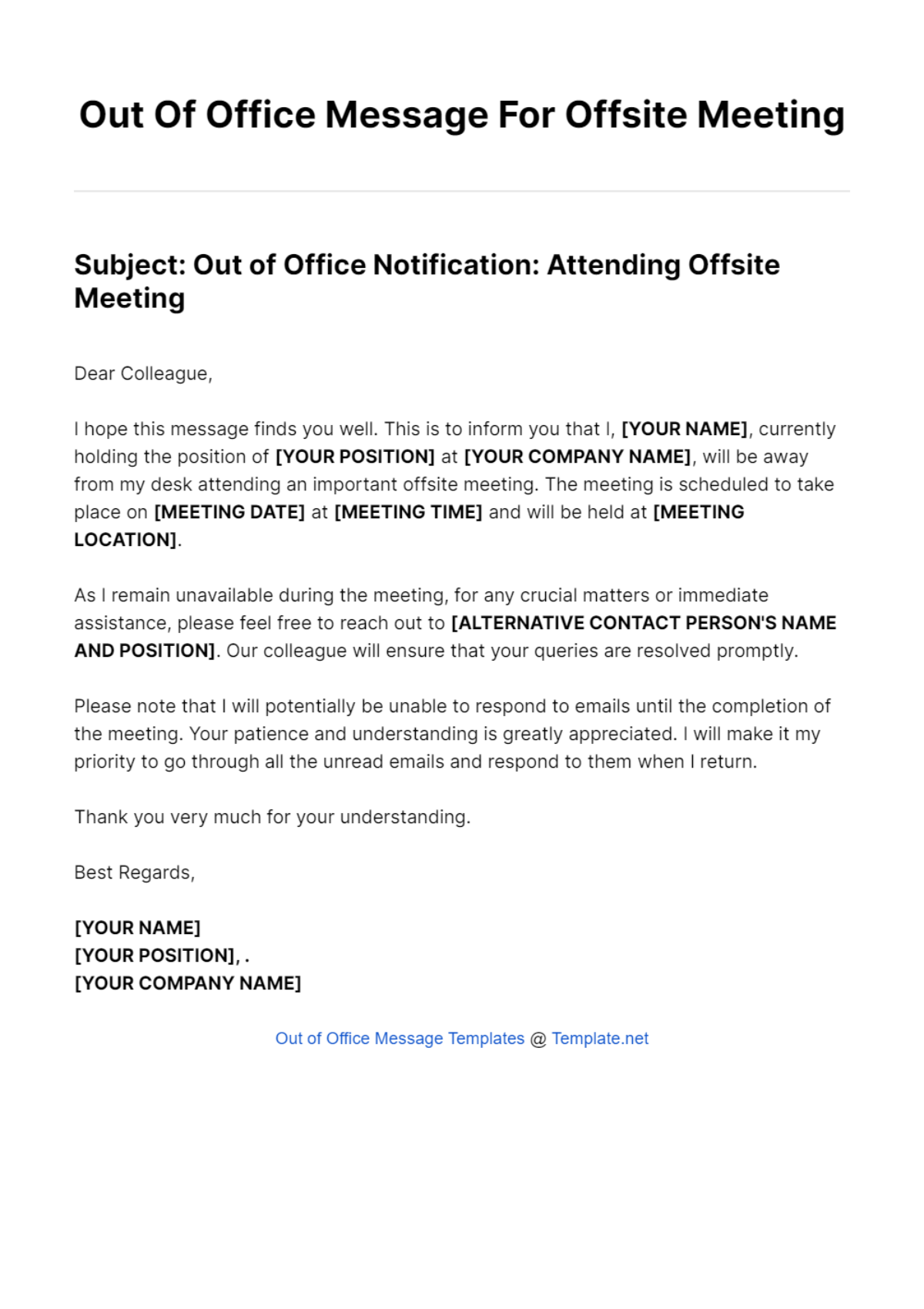 Out Of Office Message For Offsite Meeting Template