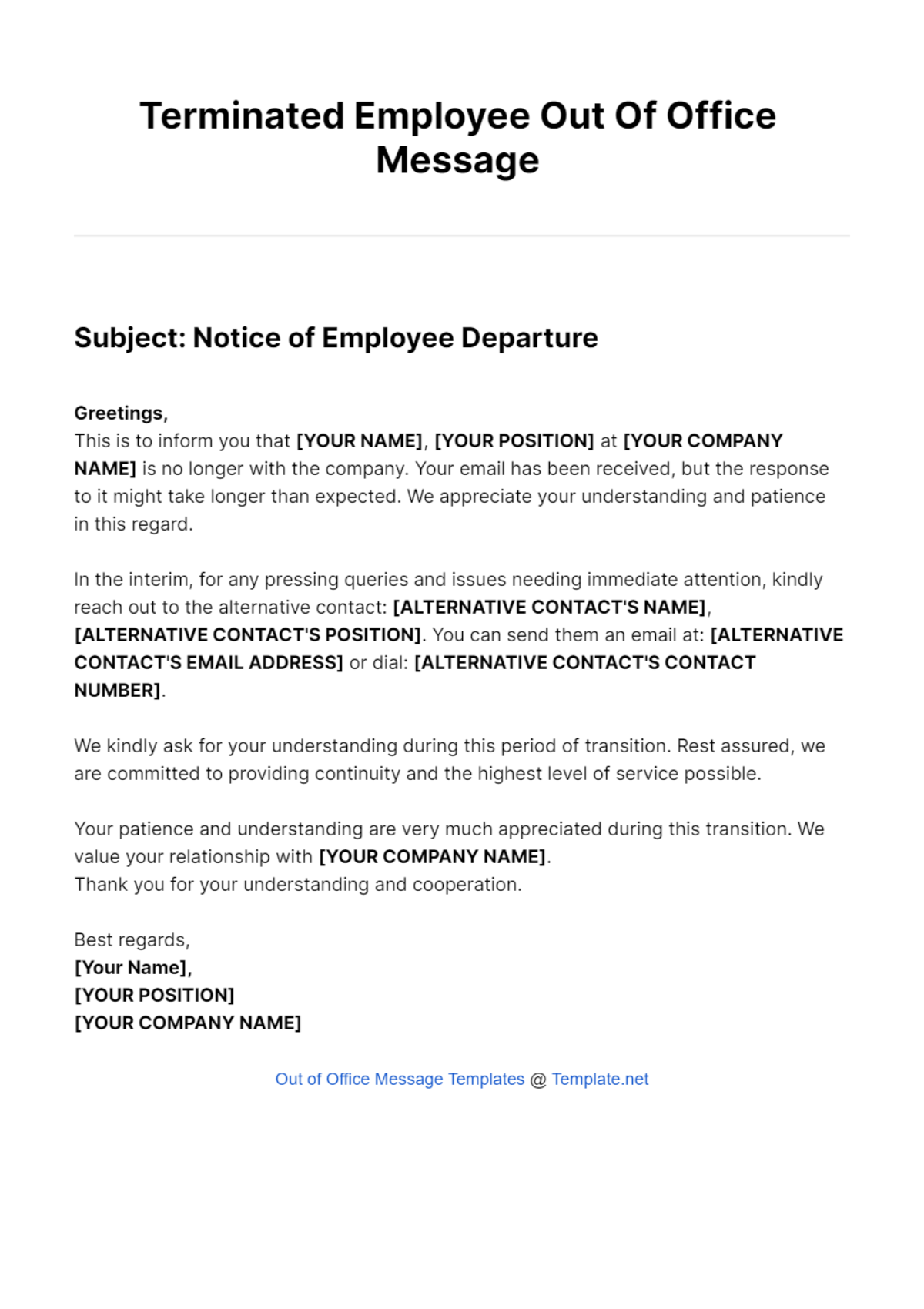 Terminated Employee Out Of Office Message Template
