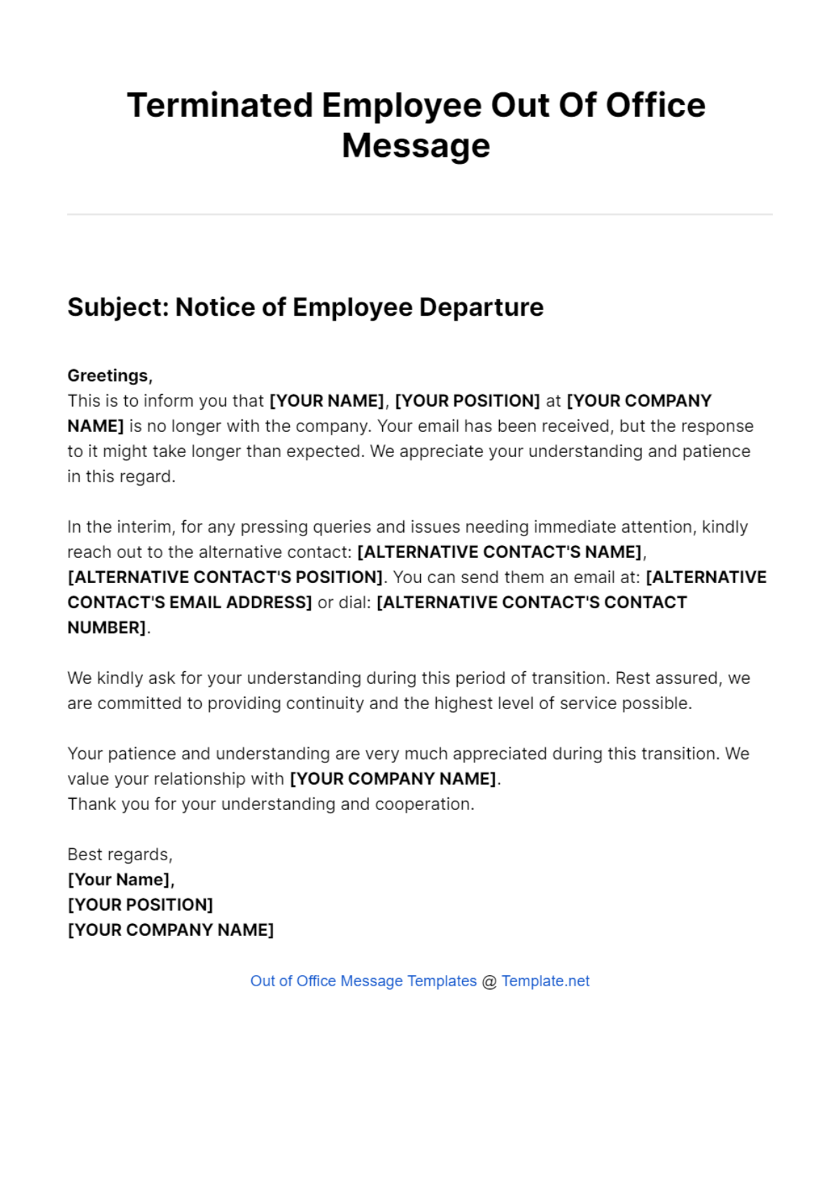 out of office email message for terminated employee