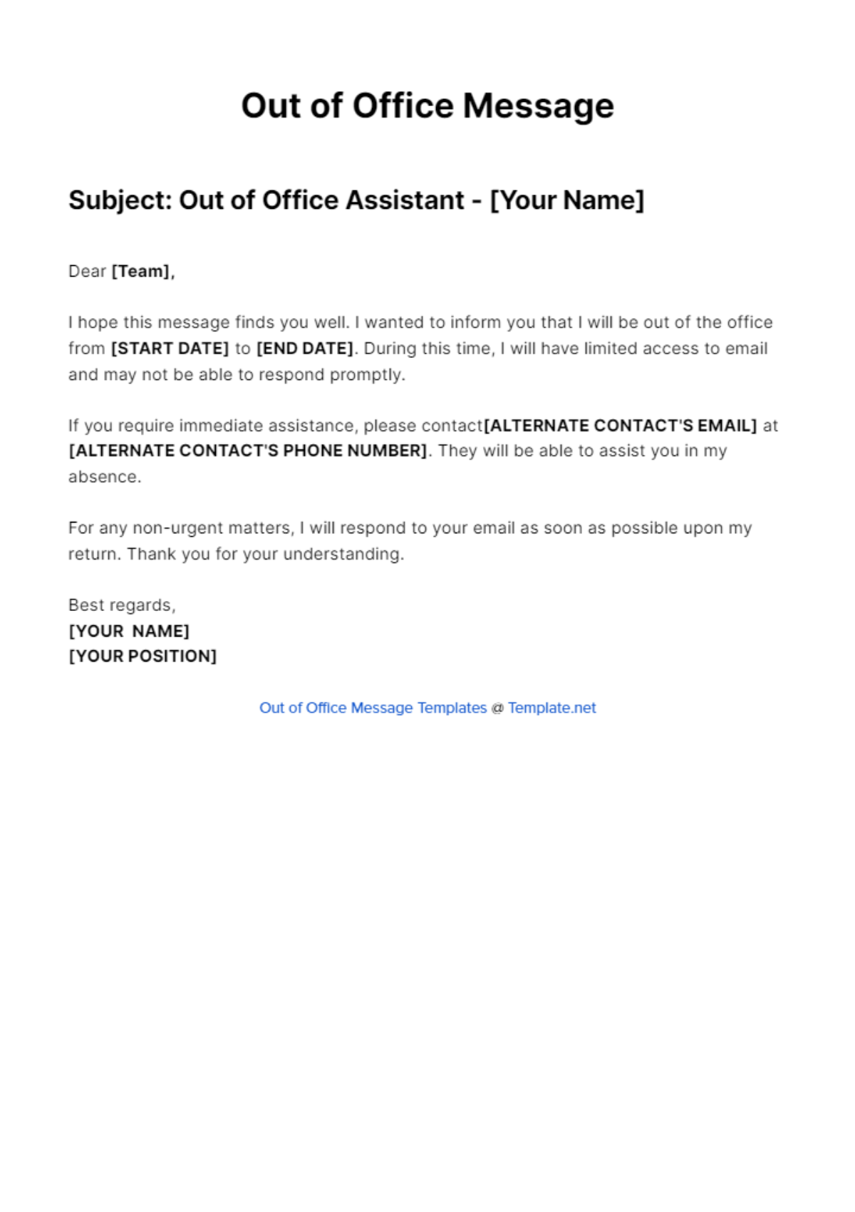Out Of Office Assistant Message Template