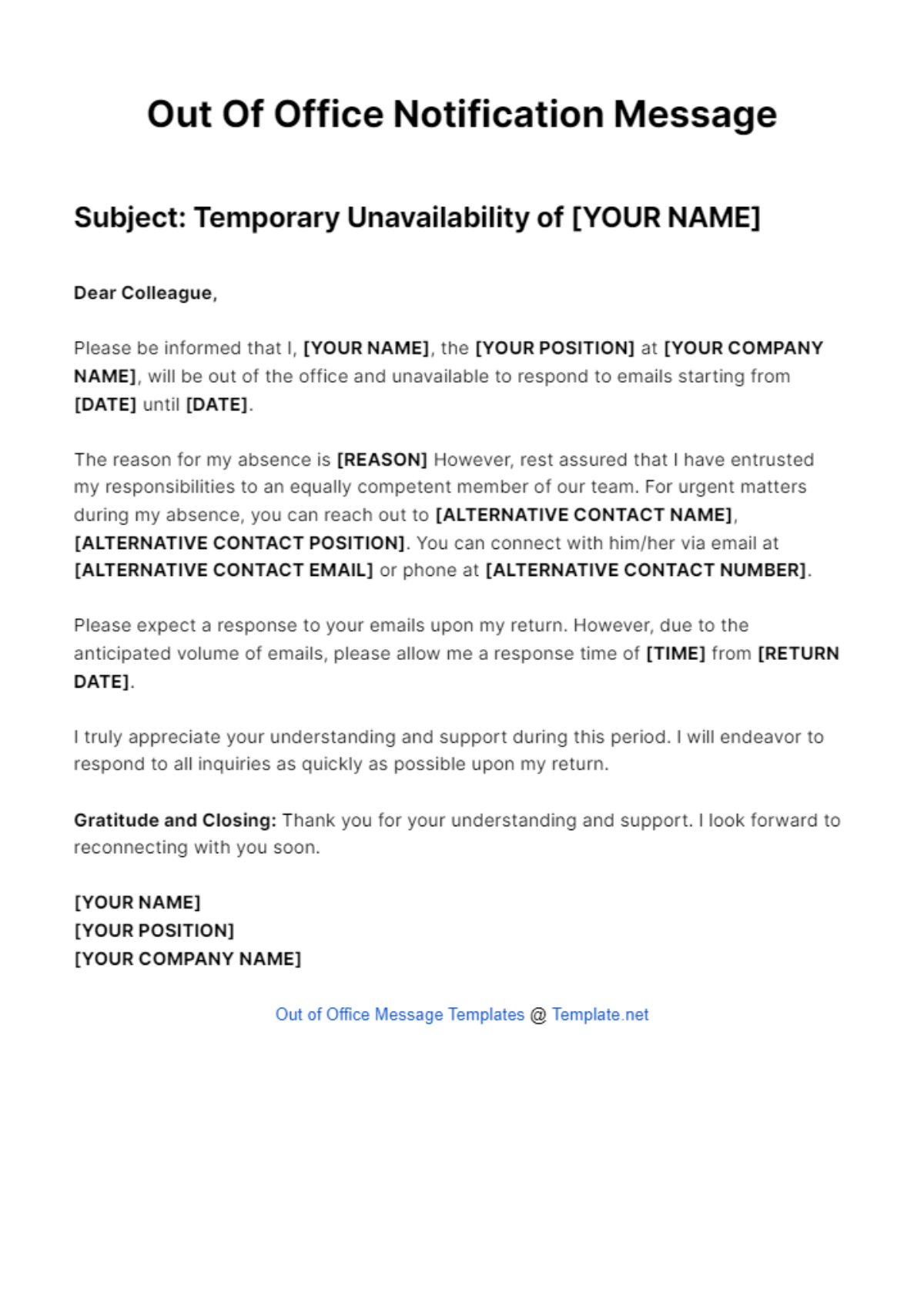 Out Of Office Notification Message Template