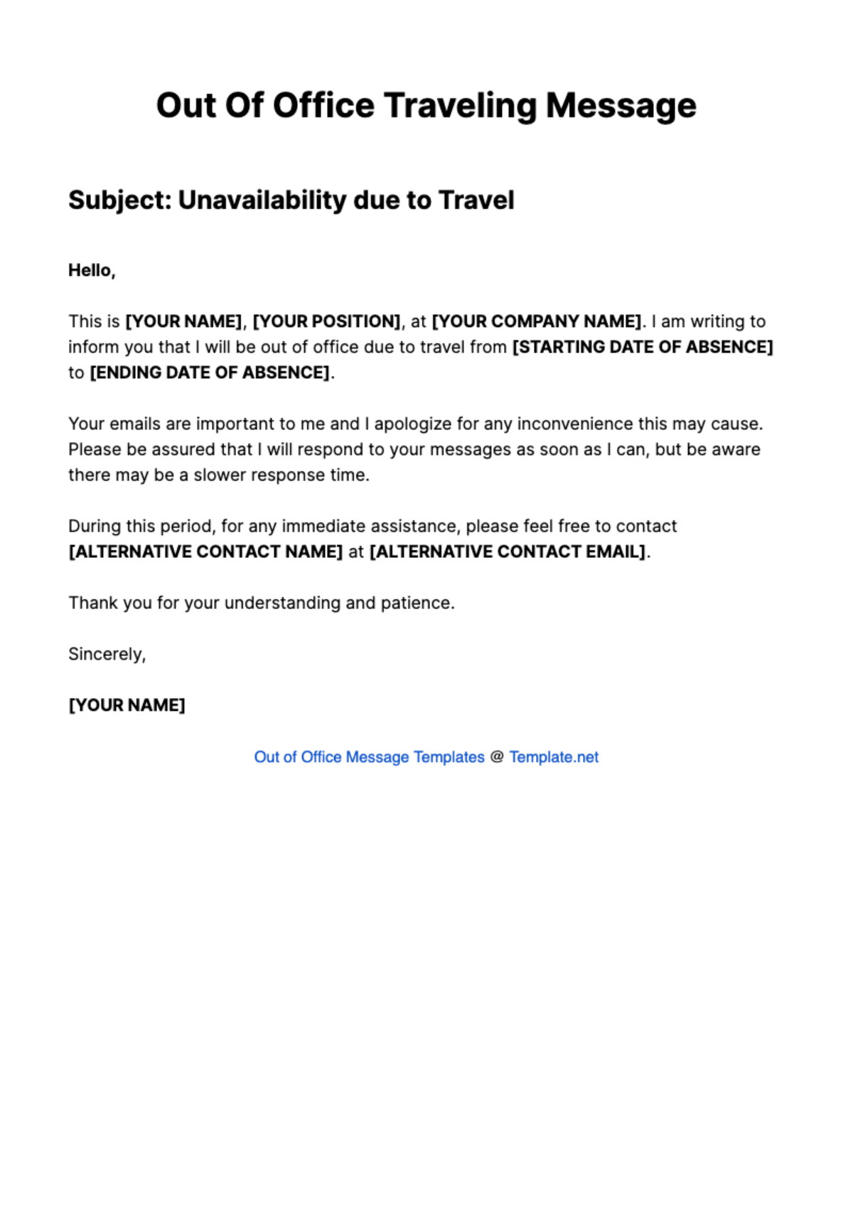 Out Of Office Traveling Message Template