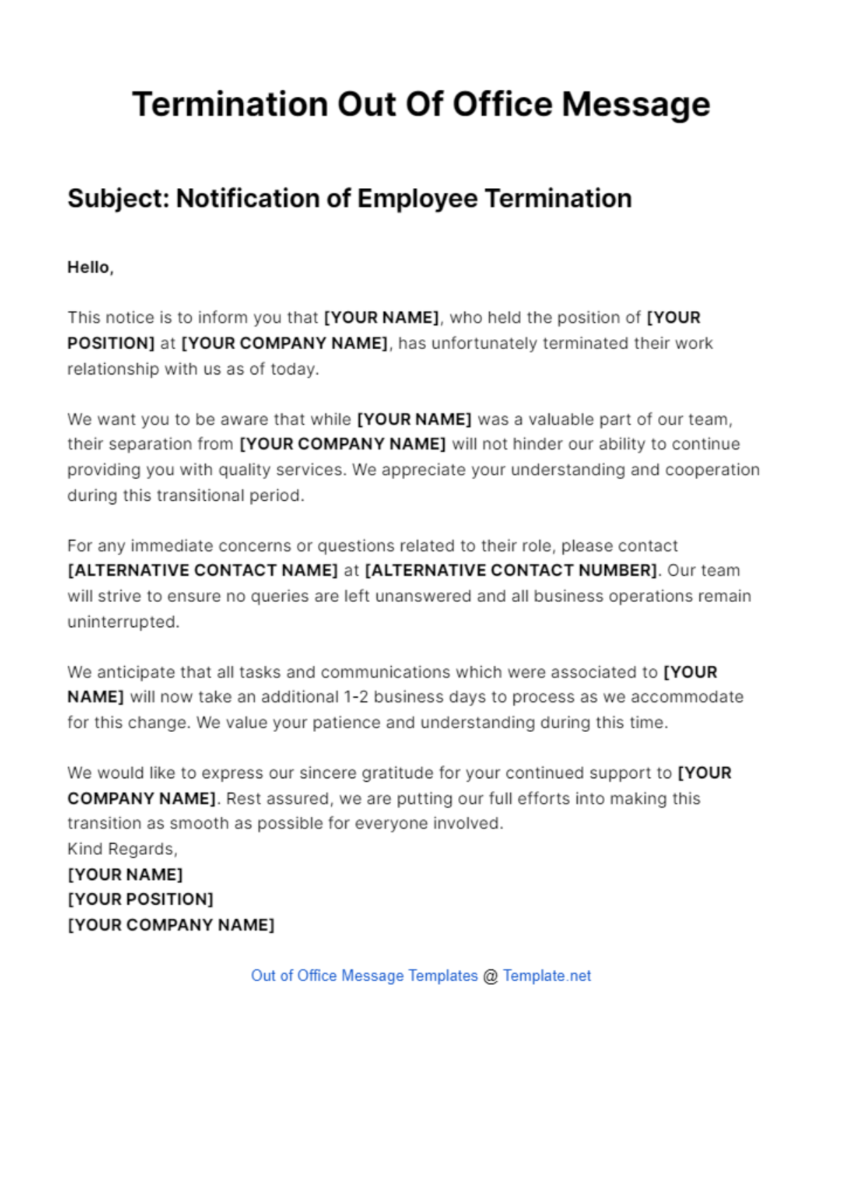 Termination Out Of Office Message Template