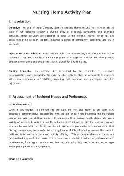 Free Nursing Home Activity Plan Template to Edit Online