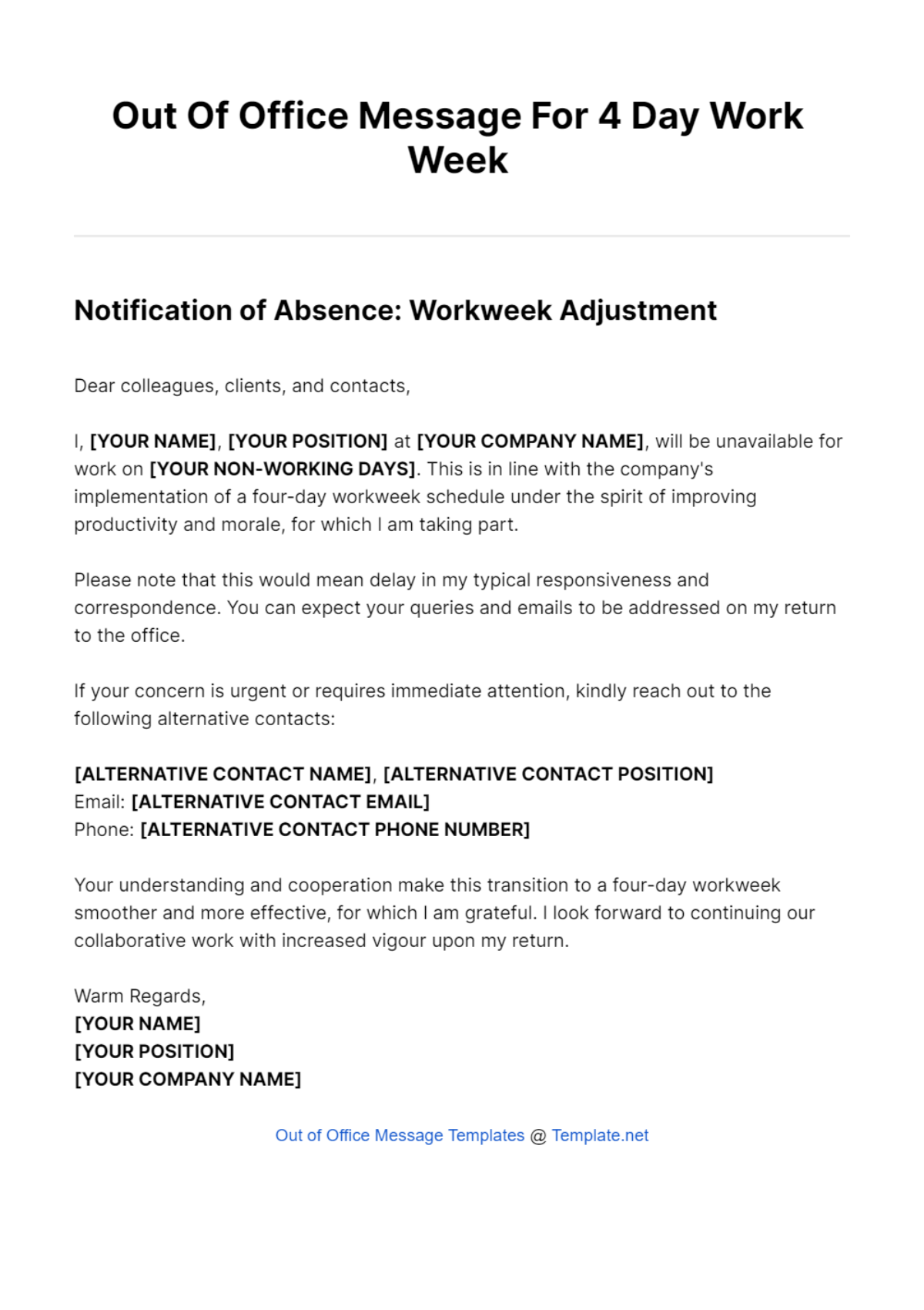 Out Of Office Message For 4 Day Work Week Template
