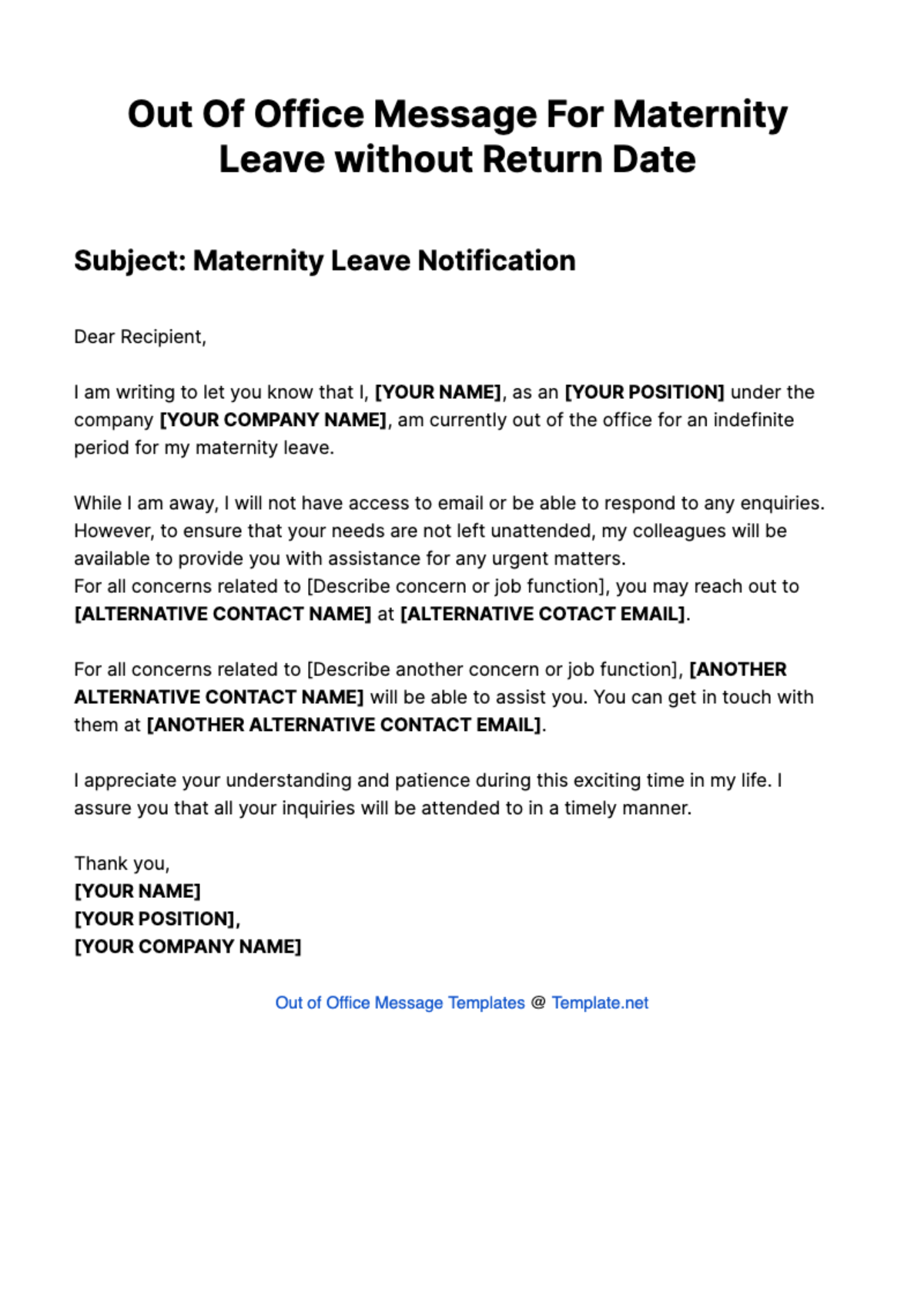Out of Office Message For Maternity Leave without Return Date Template