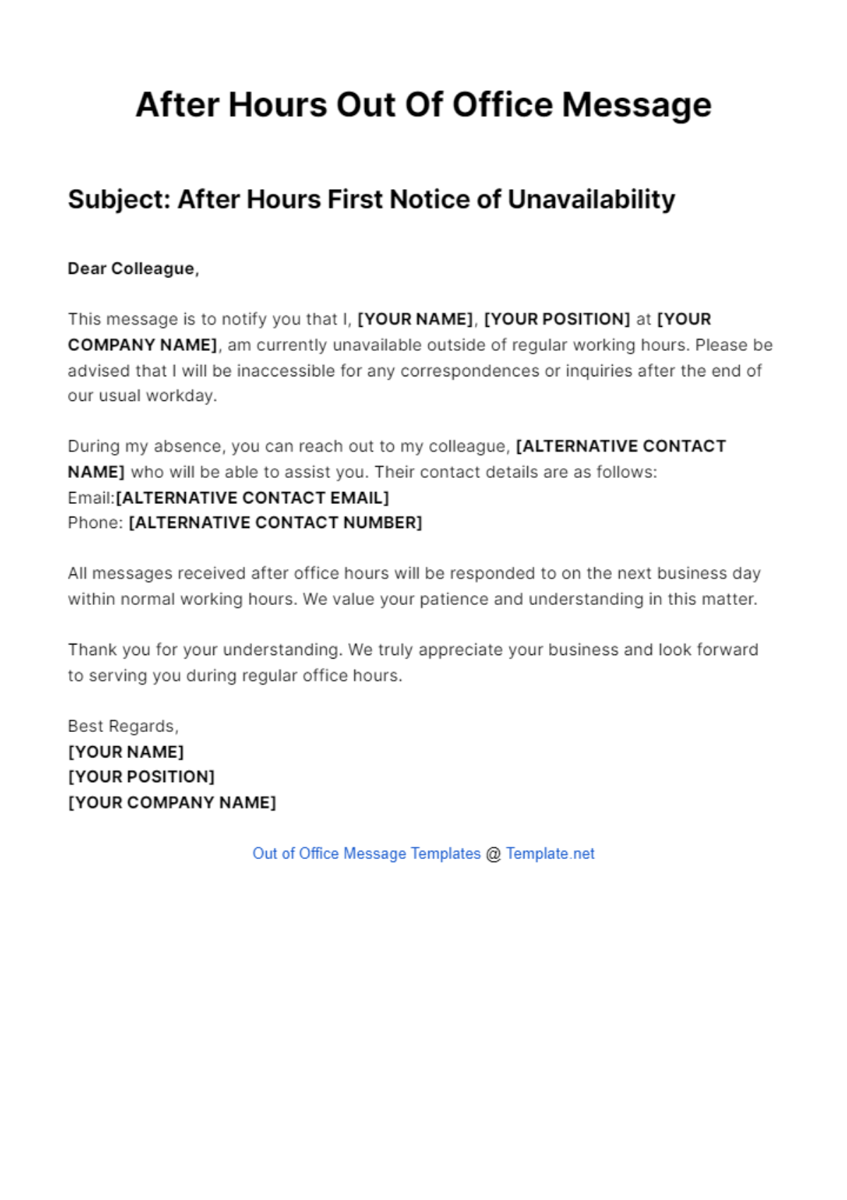 After Hours Out Of Office Message Template