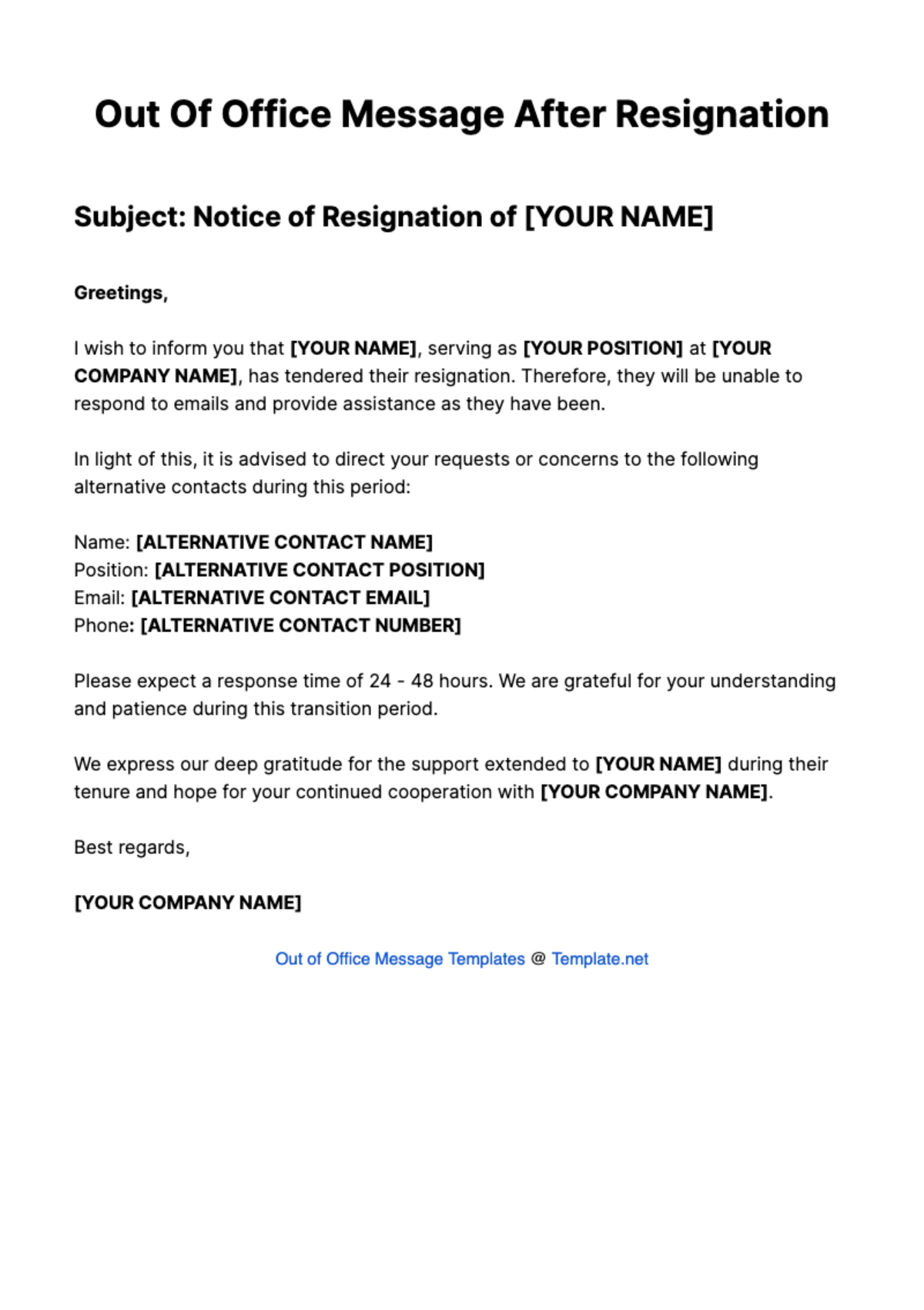 Out Of Office Message After Resignation Template