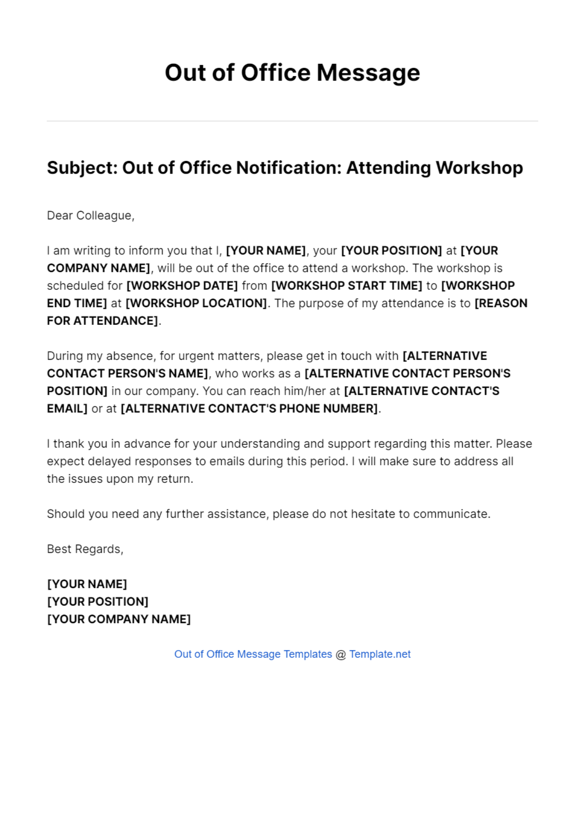 Workshop Out Of Office Message Template