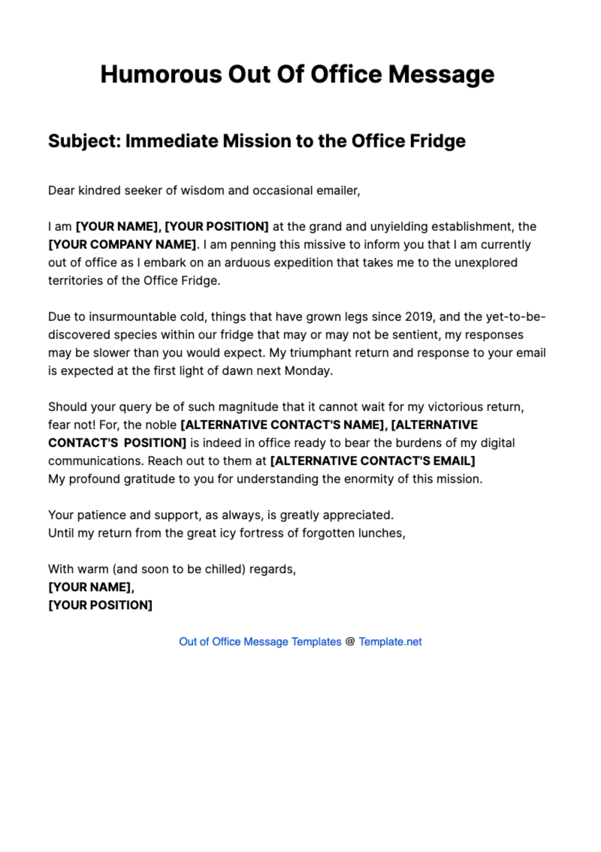 Humorous Out Of Office Message Template