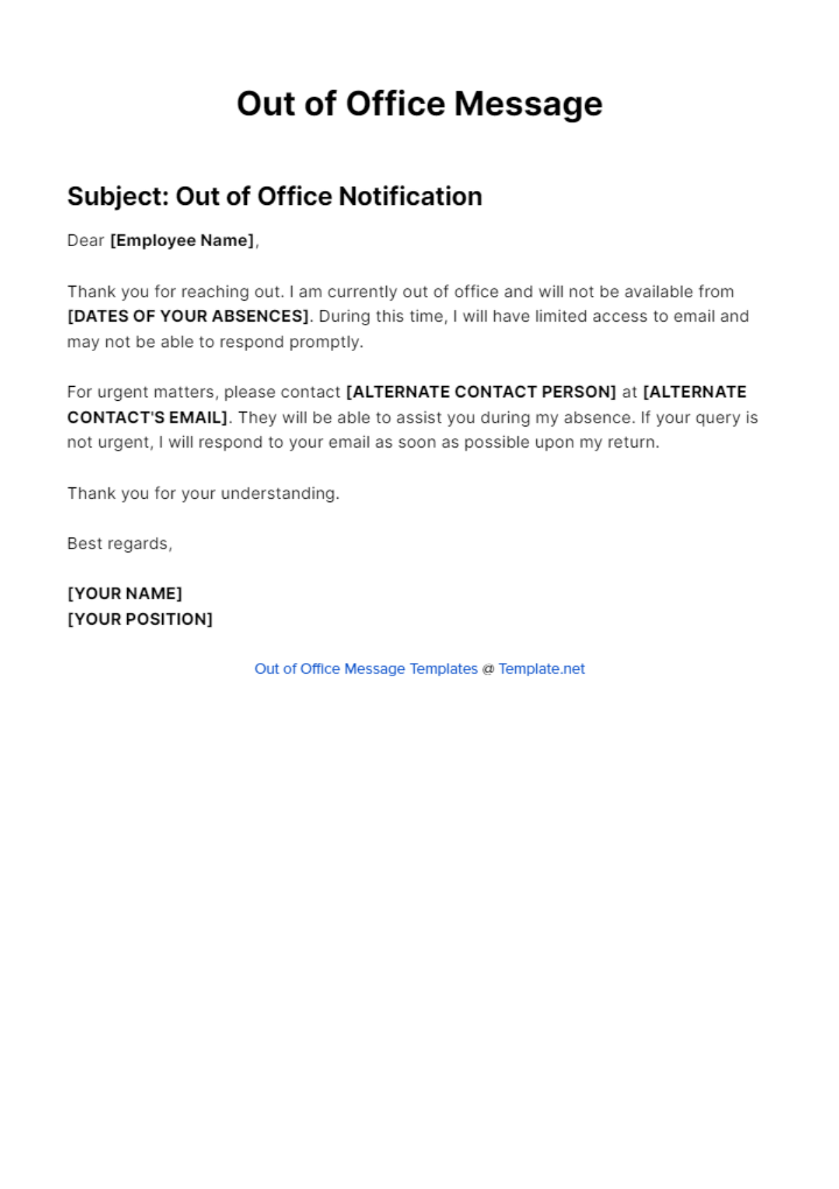 Hr Out Of Office Message Template