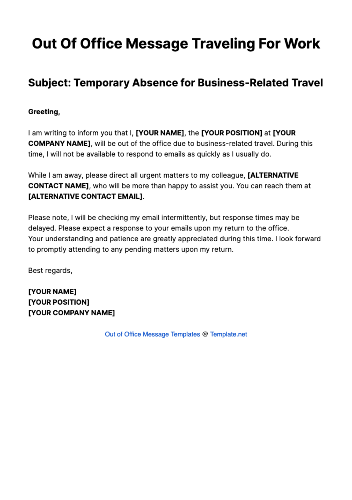 Out Of Office Message Traveling For Work Template