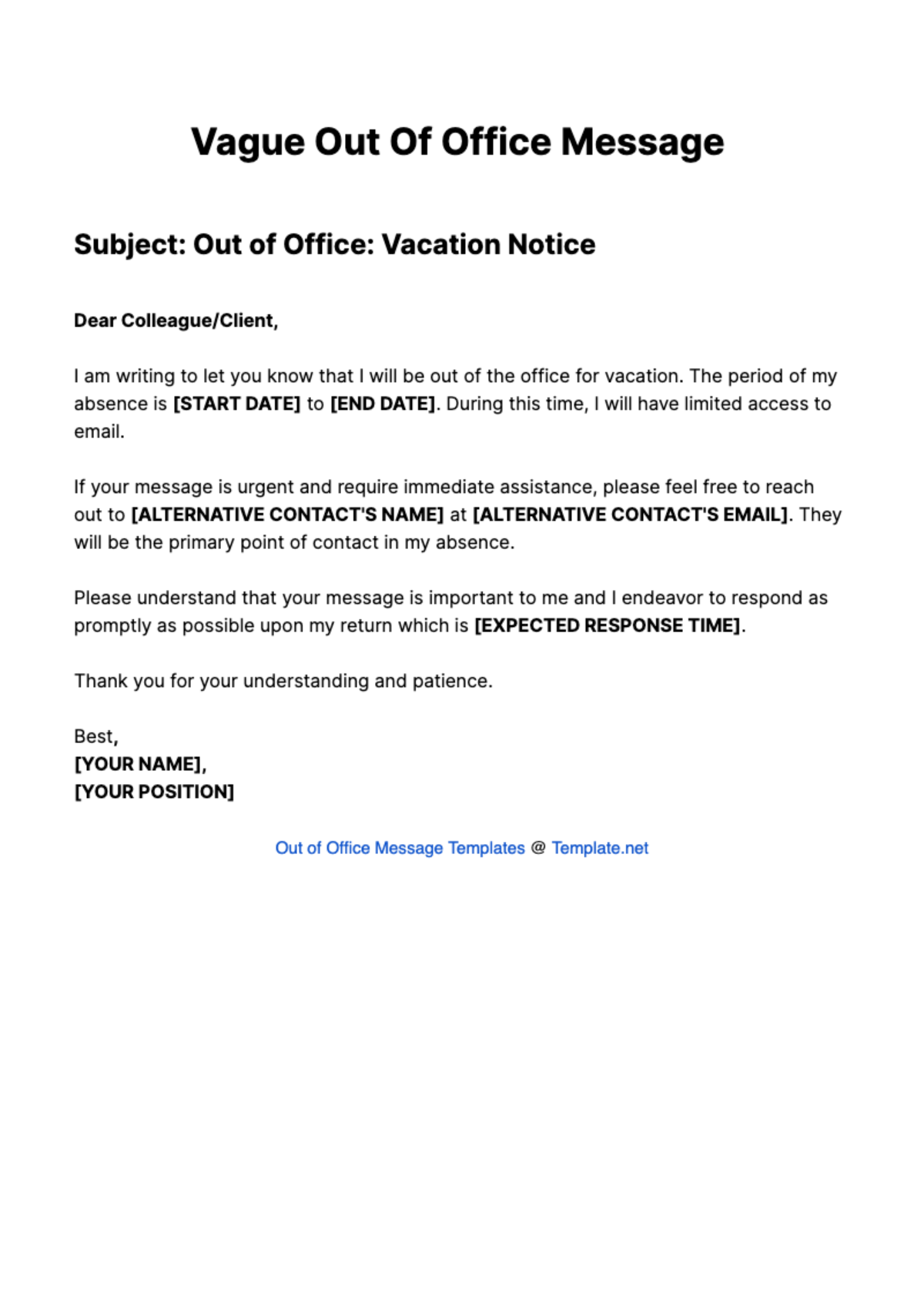 Vague Out Of Office Message Template