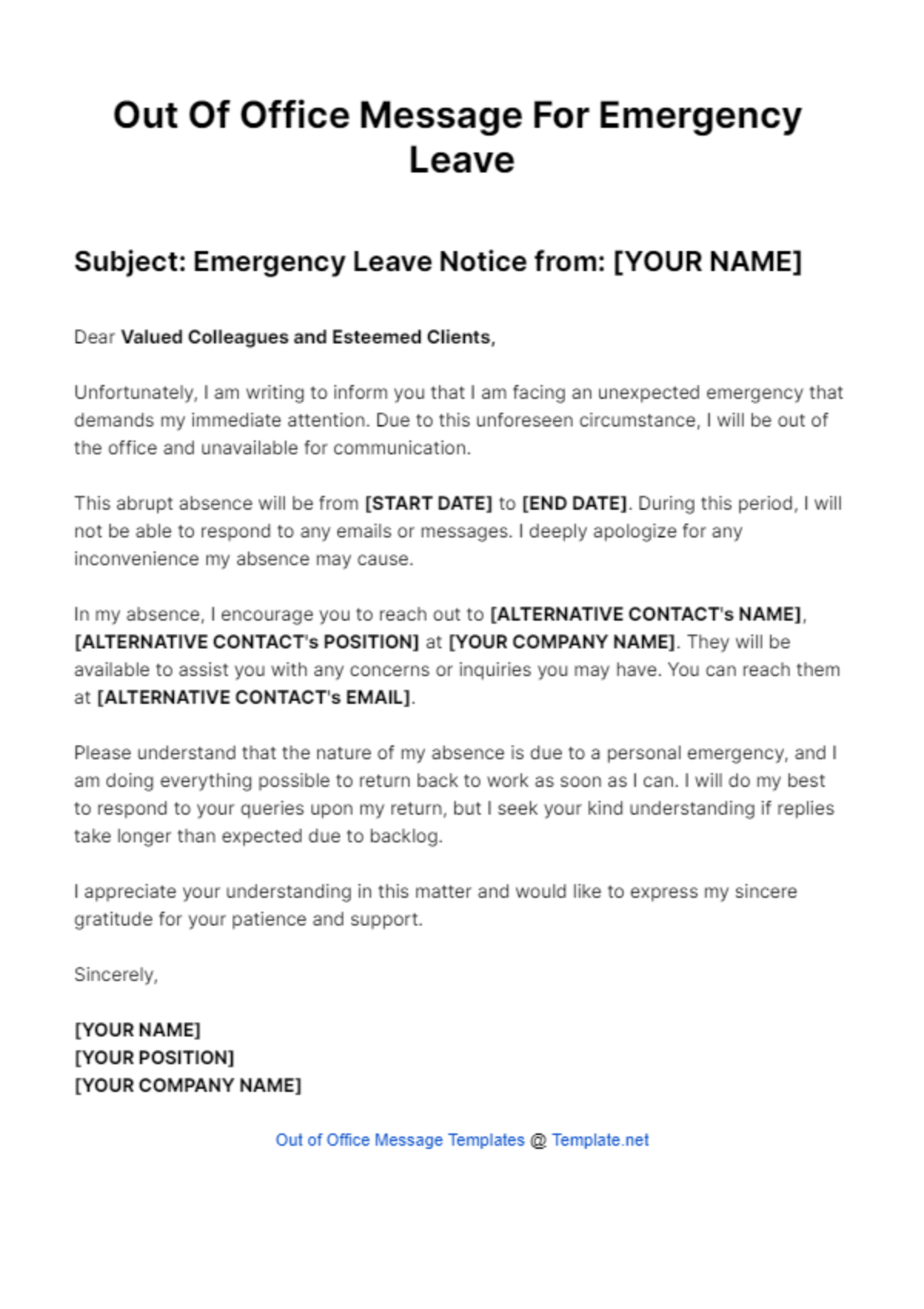 Out Of Office Message For Emergency Leave Template