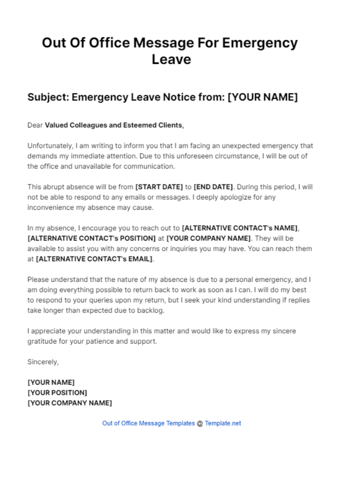 Free Out Of Office Message For Emergency Leave Template - Edit Online ...