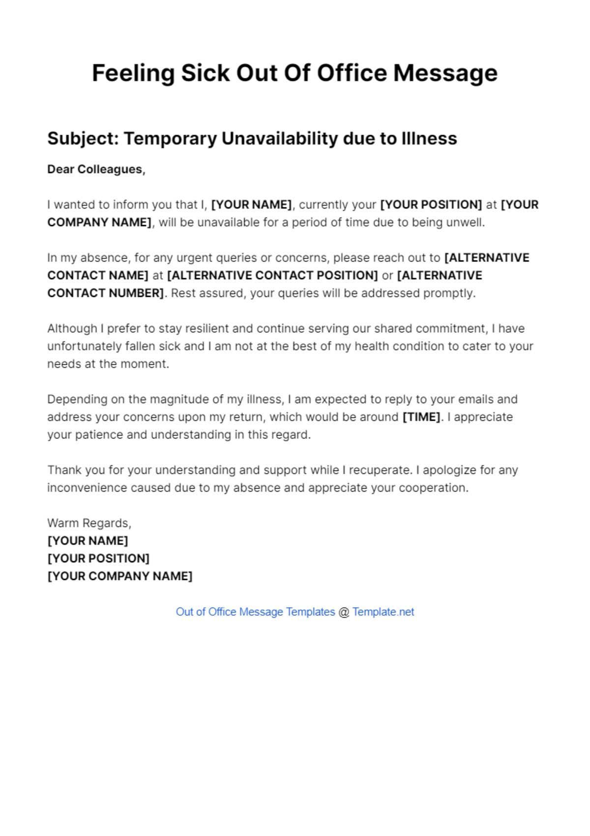 Feeling Sick Out Of Office Message Template