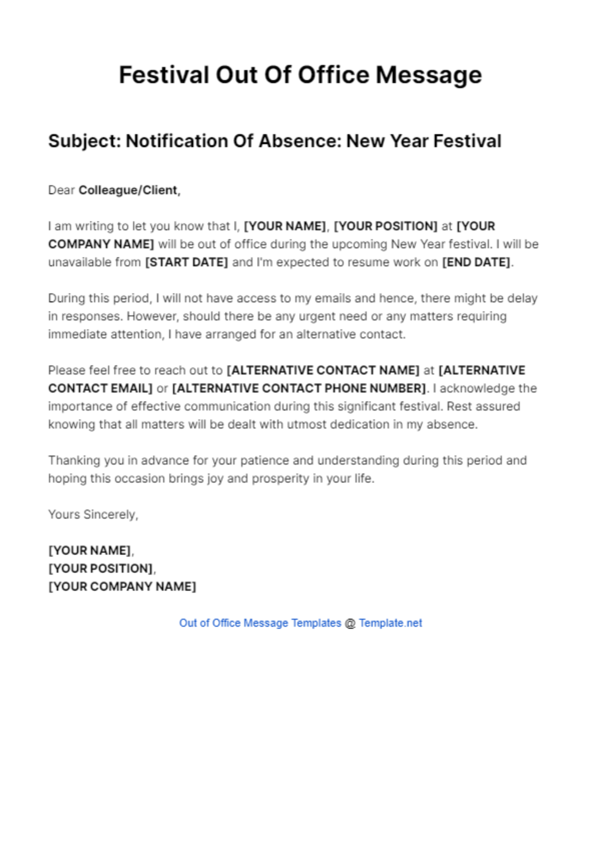 Festival Out Of Office Message Template