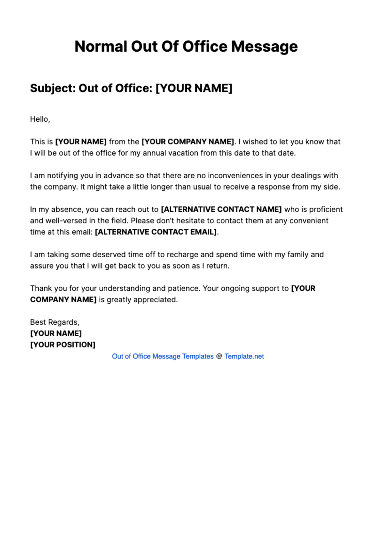 Normal Out Of Office Message Template